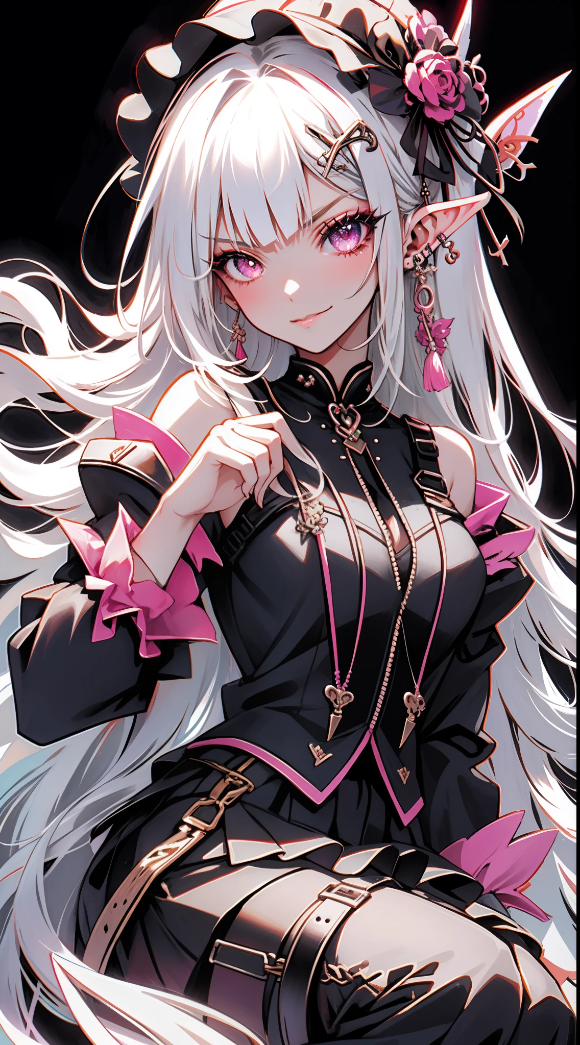(masterpiece, top quality, best quality, official art, beautiful and aesthetic:1.2), ((dark elf)), ((1girl)), extreme detailed,(fractal art:1.3), colorful, highest detailed, Cowboy shot, from above, art by Artgerm, by wadim kashin, by Kawacy, by Yoshitaka Amano, BREAK, (dark elf), (1girl), solo, perfect face, details eye, Blunt bangs, white hair, (hair between eye), eyelashes, eyeshadow, pink eyeshadow, (dark skin:1.3), glaring, smile, Head tilt, BREAK, corsages, jirai kei, (jirai kei fashion:1.1), Frills, Skirts, Various accessories, (ear piercing), punky style, Japanese subculture, fashion, Stockings, colorful, (Dark circles:1.2), Cinematic lighting
