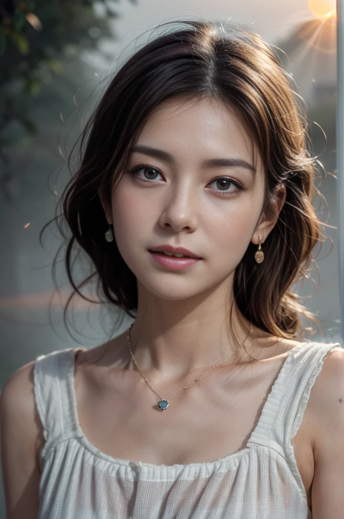 (Photoreal Stick:1.5, masutepiece:1.5, 8K), (top-quality, ​masterpiece, 超A high resolution), ((Shoot with blur:1.6)), ((fog the lens:1.6)), ((reflect light onto the lens:1.6)), ((sunrises, Sunlight coming in from behind:1.7, The sunlight of the morning sun spreads across the screen:1.7)), ((The entire screen appears white and hazy:1.8)), ((The woman looks hazy because of the bright light.:1.9)), Face Sharp Focus:1.3, Professional camera work:1.3, Highly detailed skin and facial texture:1.3, Grow Light Effect, The ultra-detailliert:1.3, 1girl in, Fair skin, (Sense of clarity:1.4, a small face), Extremely beautiful face:1.5, (Sense of clarityを感じる目:0.9, looking distantly), a smile:1.0, i love you completely:0.8, (Slightly open mouth:0.4, Sense of clarityを感じる口当たり:0.7), 二重まぶた, Dark brown medium hair, necklace and earrings