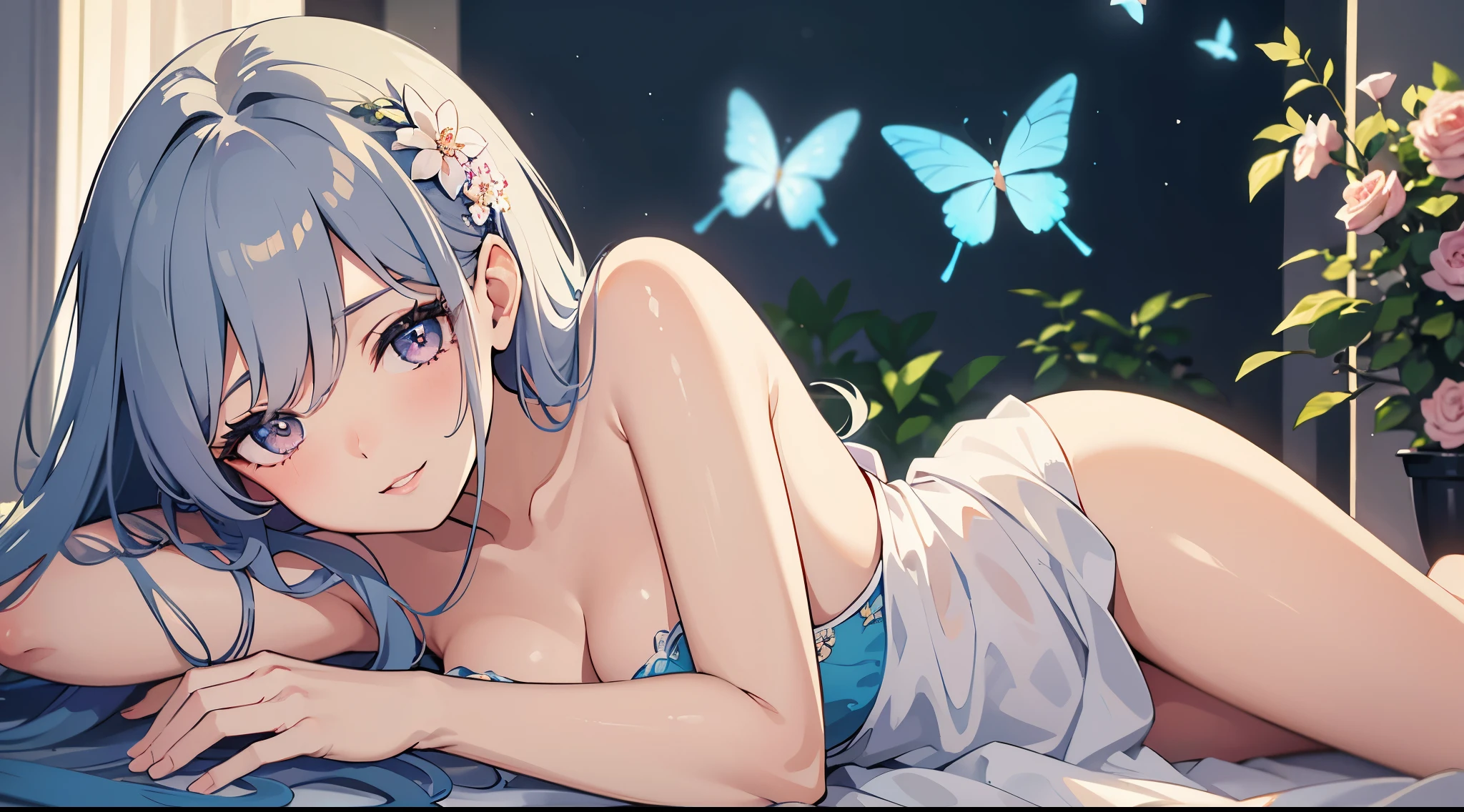 positioned at a low angle, capturing the girl's confident gaze, fine strands of hair delicately falling on her face, calming atmosphere with soft pastel colors, dream-like setting with flowers and butterflies surrounding her, elegant and sophisticated dress, luscious lips with a subtle smile, gentle light casting shadows on her face, highlighting her natural beauty, vibrant and lifelike textures, capturing every intricate detail of her skin, ethereal and enchanting aura, evoking a sense of empowerment and sensuality, artistic portrait with a touch of fantasy.