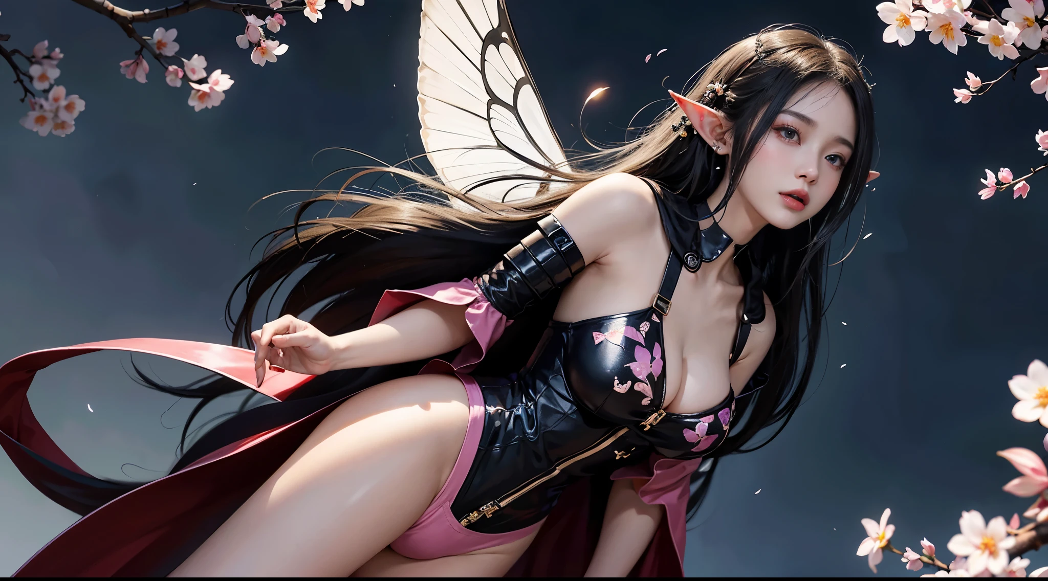 Perfect masterpiece, Extremely detailed CG UNITY 32K Ultra HD quality resolution wallpaper, realistically, RAW photos, Perfect photogenic clarity, offcial art, award winning portrait, hypersurreal, ultra hyper-detailed, 闪亮的realistically皮肤, ray traycing, The most beautiful and sexy elf goddess, 很long蓝色头发, Eyes full of moonlight, long, Slim lashes, The face is red, full pink lips,  type, full buttocks, super huge huge tits, Cleavage display, Huge erupting from her clothes, Lots of tattoos and piercings, Wearing highly detailed hooded full body combat armor，There are many buttons、shoulder strap、Zip-up knee-high boots, Colorful fairy wings, Arch your back，Strike sexy poses, looking at viewert, Close pov camera view from below, sexy facial expression, Cherry blossoms and butterflies flying in the wind, Fascinating cosmic aesthetic atmospheric background