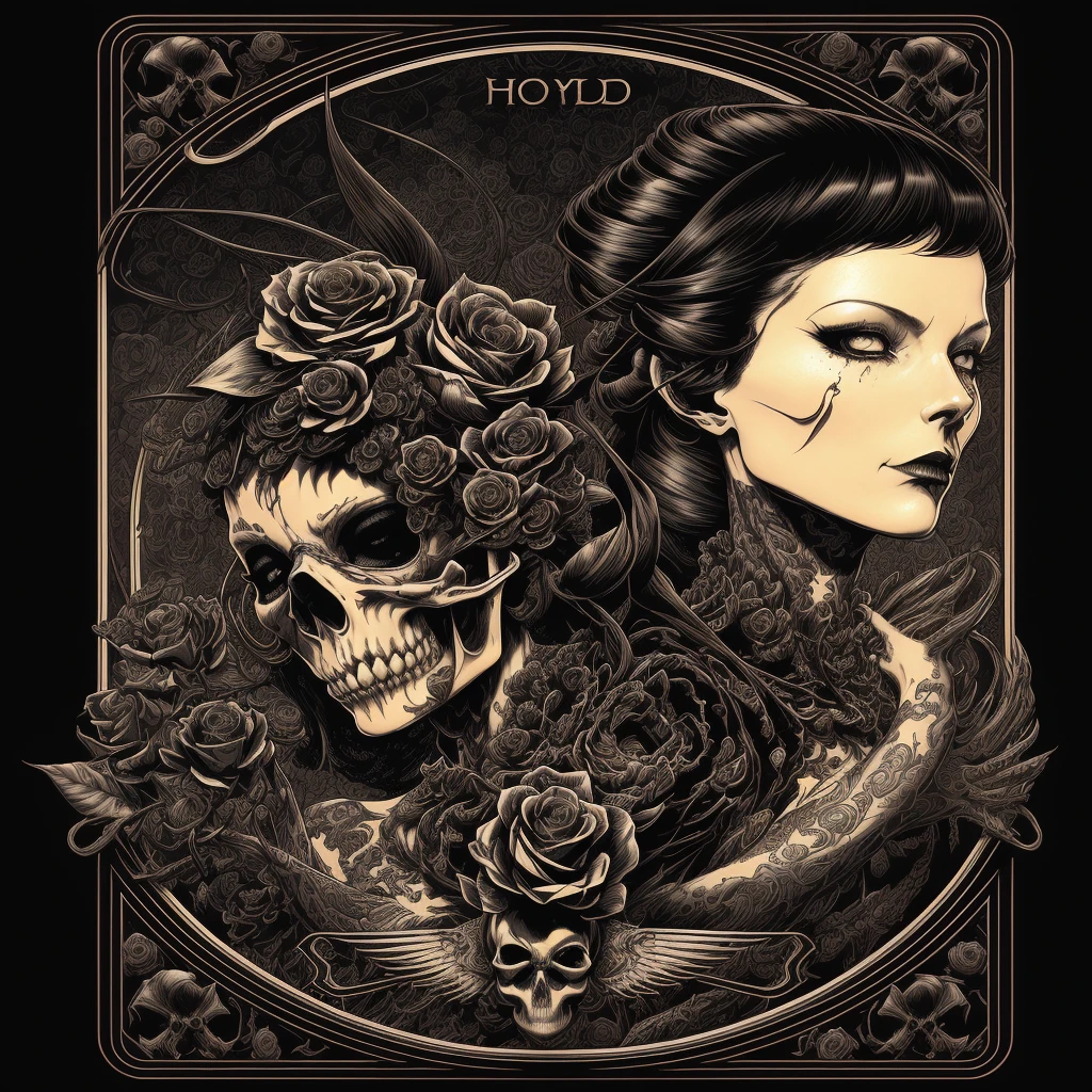 arafed image of a woman with a skull and roses, style of hydro74, hajime sorayama aaron horkey, aaron horkey style, by Eddie Mendoza, detailed cover artwork, colored illustration for tattoo, aaron horkey, a beautiful artwork illustration, highly detailed dark art, in style of dark fantasy art, highly detailed vector art, white background