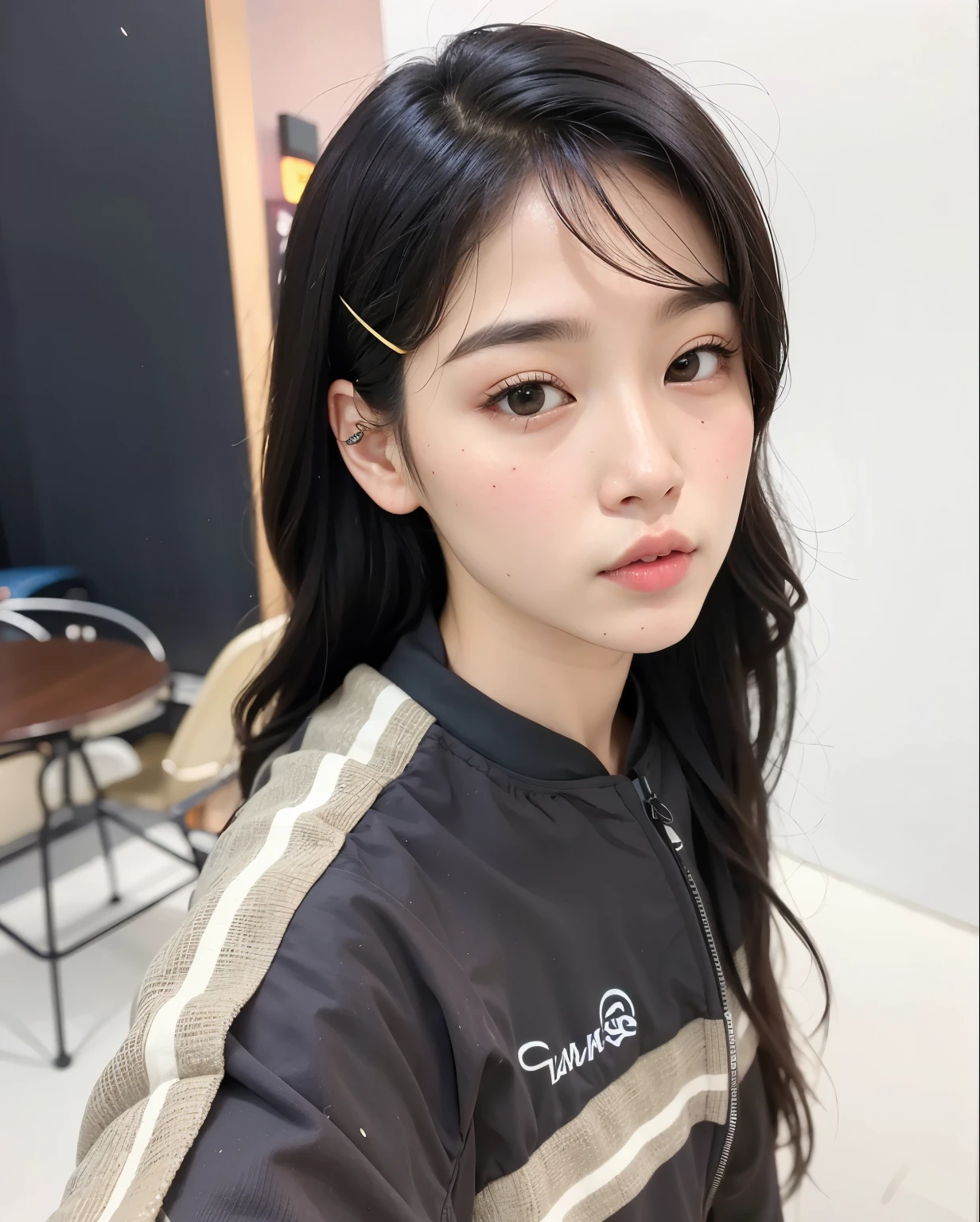 um close de uma jovem com cabelos longos vestindo uma jaqueta, Ulzzang, Sakimichan, Jinyoung Canela, wan adorable korean face, Jaeyeon Nam, young adorable korean face, Fotografia selfie 8k, maquiagem sul-coreana popular, Portrait of female Korean idol, maquiagem coreana popular, young cute wan asian face, Kim Doyoung, menina coreana, Sha Xi