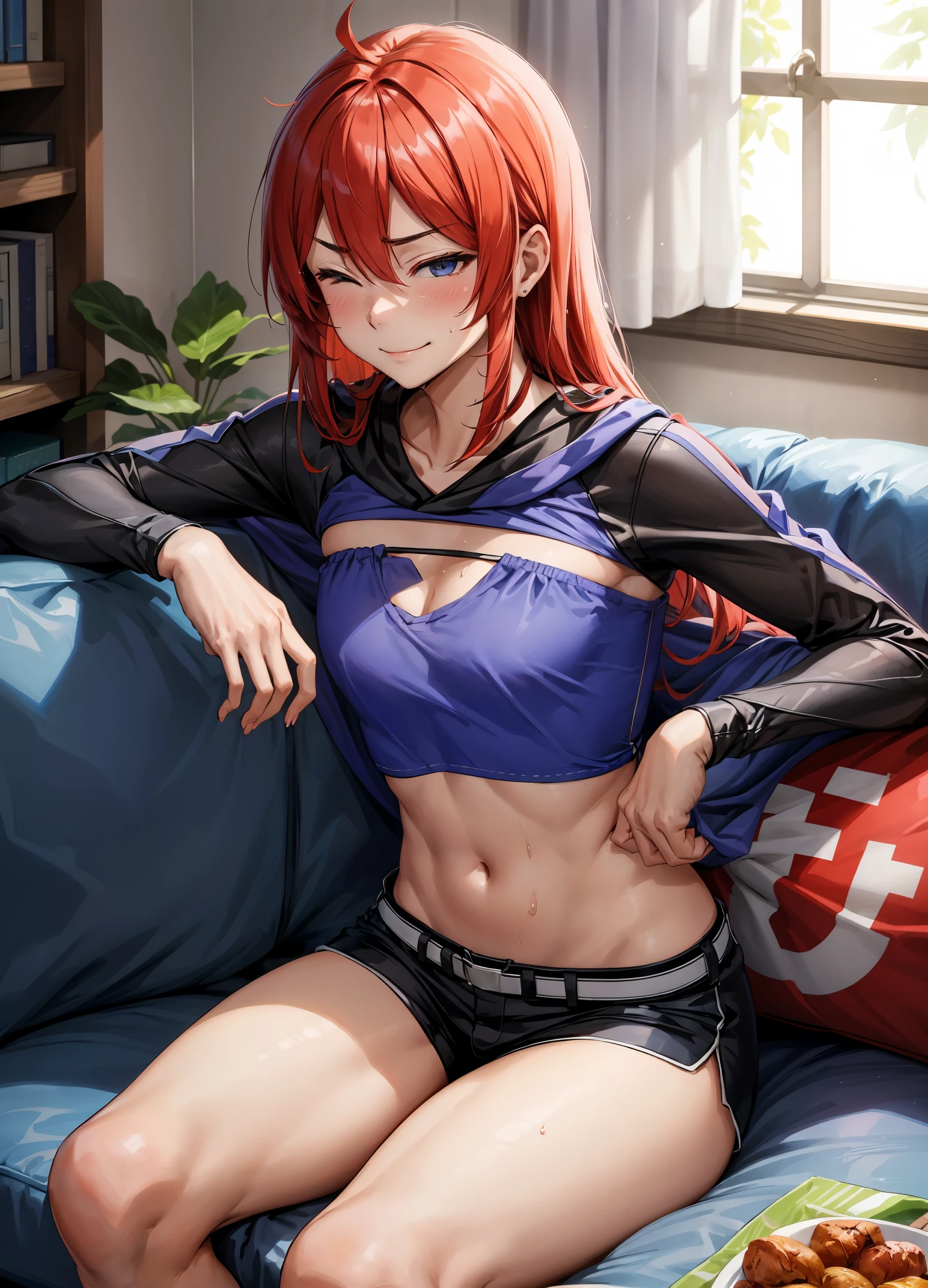 masterpiece, red hair, closed eyes, smirk, cleavage, big breasts, wide hips, short shorts, white shirt, sitting on the couch, legs apart, tattoos, tattoo on the abdomen, navel, groin