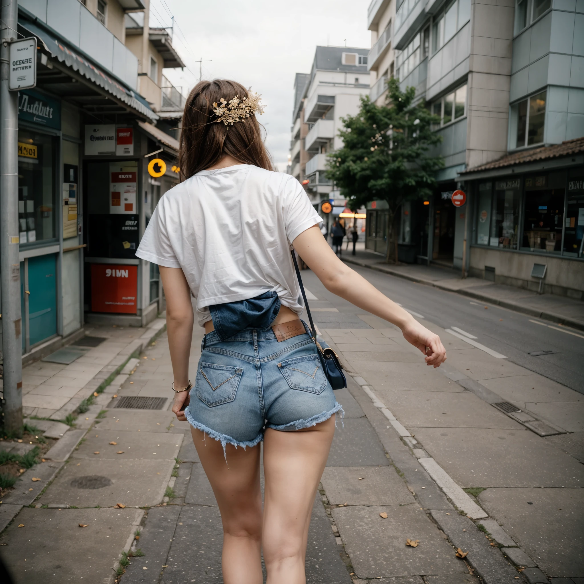 beautiful 30 years old woman, wearing a blanc tshirt without text and jeans shorts, walking in Gelsenkirchen, (not much people):1.4, dusk, automatic film strip,kodak gold 800 analog film, ultra wide angle, faded, blurry, pixelated, damaged, high iso, motion blur,