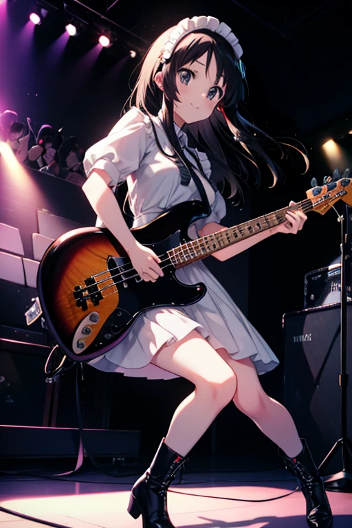 Mount Mimyeon, mio akiyama, (Black eyes:1.5), Black hair, Long hair, Maids，long  skirt，Short boots，left handed base(fender jazz bass)Playing、Rock Band Concert, Musical instrument performance, stageパフォーマンス, hot air,Happy atmosphere、Clip Studio、Illustration of transparency and brightness，closing eye、A smile，stage，On stage，BREAK (masutepiece:1.2), Best Quality, High resolution, Unity 8k壁纸, (Illustration:0.8), (Beautiful detailed eyes:1.6), extra detailed face, Perfect Lighting, extremely details CG, (Perfect hands, Perfect Anatomy),