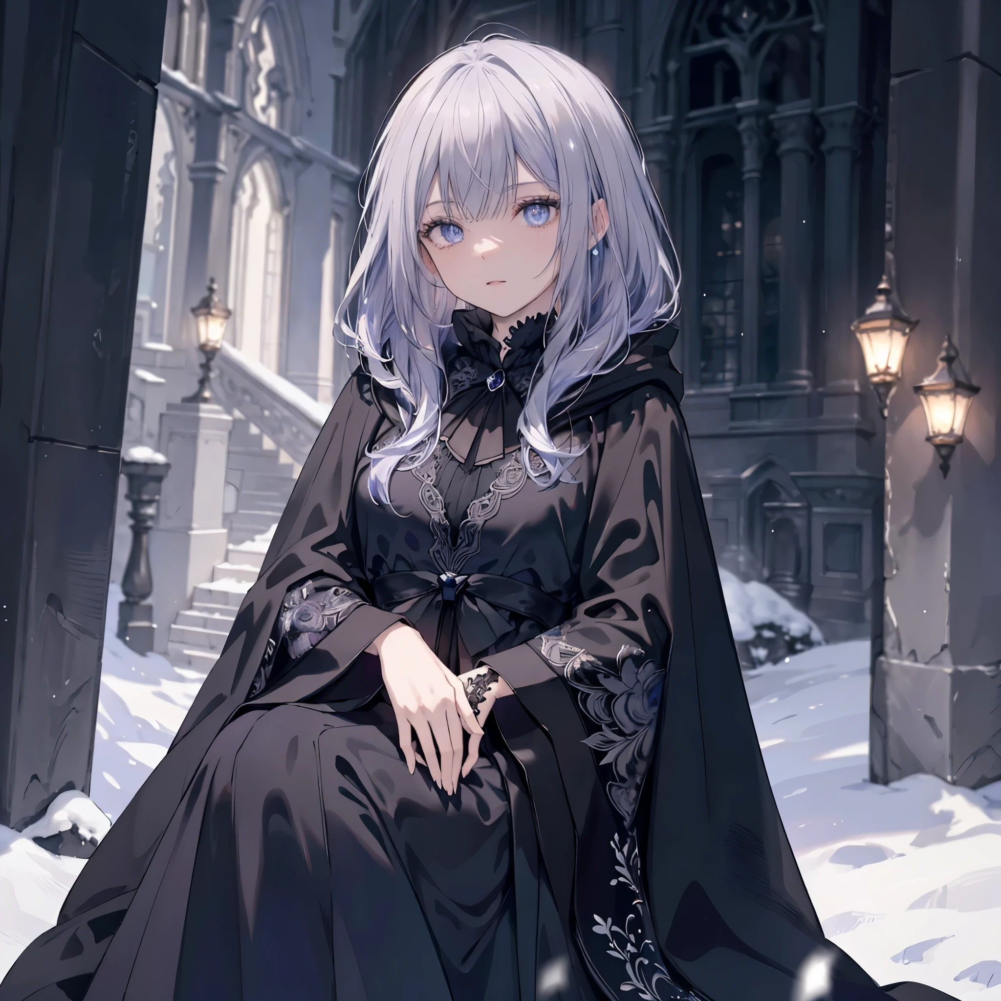 High definition RAW color art, Animation,sculptures, black Marble Skin, (((Ultra detailed elegant))), Magical atmosphere, (Detailed skin, Texture (Intricately detailed, Fine detail, ultra-detailliert), crimson moonlight, depth of fields, Bokeh, Silky Touch, (snow country), Hyper Detail, Matte Drawing, sparkle effect, Monochrome background, pastel purple, Winter gear, beautiful eyes, elegant face, black cloak