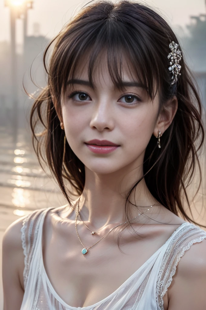 (Photoreal Stick:1.5, masutepiece:1.5, 8K), (top-quality, masterpiece, 超A high resolution), ((Shoot with blur:1.6)), ((fog the lens:1.6)), ((reflect light onto the lens:1.6)), ((sunrises, Sunlight coming in from behind:1.7, The sunlight of the morning sun spreads across the screen:1.7)), ((The entire screen appears white and hazy:1.7)), ((The woman looks hazy because of the bright light.:1.9)), Face Sharp Focus:1.3, Professional camera work:1.3, Highly detailed skin and facial texture:1.3, Grow Light Effect, The ultra-detailliert:1.3, 1girl in, Fair skin, (Sense of clarity:1.4, a small face), Extremely beautiful face:1.5, (Sense of clarityを感じる目:0.9, looking distantly), a smile:1.0, i love you completely:0.8, (Slightly open mouth:0.4, Sense of clarityを感じる口当たり:0.7), 二重まぶた, Dark brown medium hair, necklace and earrings