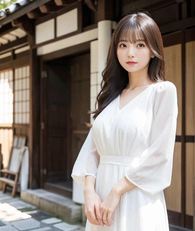 (high-level image quality、ultra-detailliert、Pursuing a sense of realism、Raw photo)、A woman in her 30s wearing a white dress、Kyoto Beauty、A detailed eye、detailed tits、detailed full body、wavy layered cut