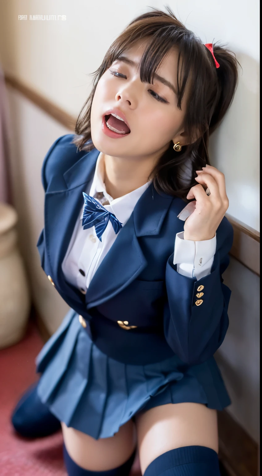 She wears the cutest high school uniform in the world、25-years old、Sculpture model attracts, (1girl in:1.Hotos、Photorealsitic:1.4、Official art、ultra-detailliert、Beautiful and aesthetic、Beautiful fece、​masterpiece、top-quality、Poses that sexually provoke men、Inviting eyes、an ecstatic look on one's face、the buttocks are small、Colossal tits、Chest exposed、(barechested)、The cutest blazer in the world、the cutest blouse in the world、The cutest red ribbon in the world、The most beautiful face、The cutest earrings in the world、The cutest checked miniskirt in the world、The cutest navy knee socks in the world、The cutest black loafers in the world、The cutest sleeping face in the world、The cutest gravure idol pose in the world、The most attractive body in the world、The whole body is shown、school classrooms、opening legs widely、Touching the thigh、Showing off the cutest pants in the world、((doggy style、Raise your buttocks high、insertion、Deep joy、severe pain、Ecstatic eyes:1.2）,(view from the above:1.5）, despairing, I'm about to cry, exclamation、((panting heavily:1.2))、Ecstatic face、Climax expression、Look up、Staring at the ceiling、((Open your eyes, endure hard:1.5)), （looking at viewer：1.1）