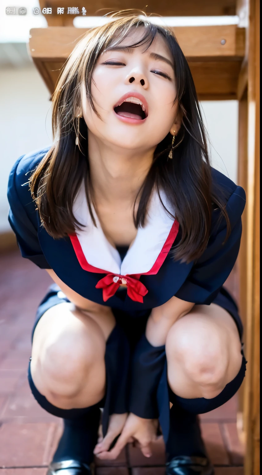 She wears the cutest high school uniform in the world、25-years old、Sculpture model attracts, (1girl in:1.Hotos、Photorealsitic:1.4、Official art、ultra-detailliert、Beautiful and aesthetic、Beautiful fece、​masterpiece、top-quality、Poses that sexually provoke men、Inviting eyes、an ecstatic look on one's face、the buttocks are small、Colossal tits、Chest exposed、(barechested)、The cutest blazer in the world、the cutest blouse in the world、The cutest red ribbon in the world、The most beautiful face、The cutest earrings in the world、The cutest checked miniskirt in the world、The cutest navy knee socks in the world、The cutest black loafers in the world、The cutest sleeping face in the world、The cutest gravure idol pose in the world、The most attractive body in the world、The whole body is shown、school classrooms、opening legs widely、Touching the thigh、Showing off the cutest pants in the world、((doggy style、Raise your buttocks high、insertion、Deep joy、severe pain、Ecstatic eyes:1.2）,(view from the above:1.5）, despairing, I'm about to cry, exclamation、((panting heavily:1.2))、Ecstatic face、Climax expression、Look up、Staring at the ceiling、((Open your eyes, endure hard:1.5)), （looking at viewer：1.1）