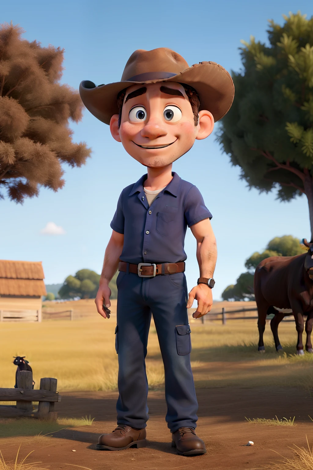 Obra-prima, de melhor qualidade, a man in a dark cap, vestindo uma camisa azul, standing in the pasture next to a cow