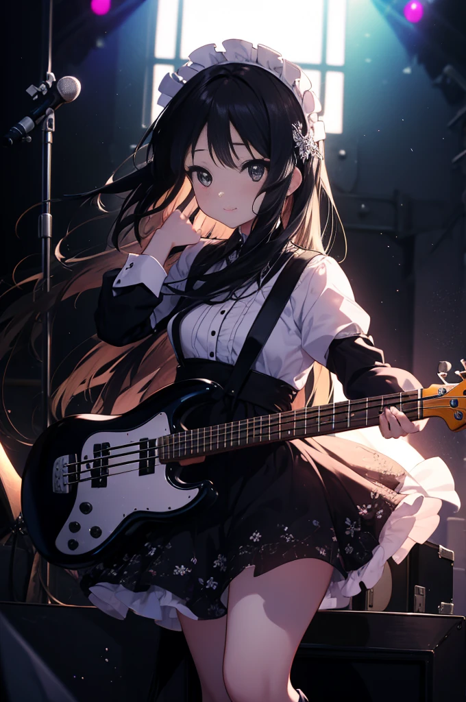 Mount Mimyeon, mio akiyama, (Black eyes:1.5), Black hair, Long hair, Maids，long  skirt，Short boots，left handed base(fender jazz bass)Playing、Rock Band Concert, Musical instrument performance, stageパフォーマンス, hot air,Happy atmosphere、Clip Studio、Illustration of transparency and brightness，closing eye、A smile，stage，On stage，BREAK (masutepiece:1.2), Best Quality, High resolution, Unity 8k壁纸, (Illustration:0.8), (Beautiful detailed eyes:1.6), extra detailed face, Perfect Lighting, extremely details CG, (Perfect hands, Perfect Anatomy),