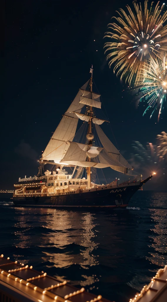 An artwork depicting fireworks and the glowing text '2024,' whit and blue gloss, emitting mesmerizing shimmering lights with a bokeh effect, while aboard a splendidly and lavishly decorated festive ship with 'ANO NOVO " text, amidst the ocean., vibrant, cinematic, 3d render, typographyv0