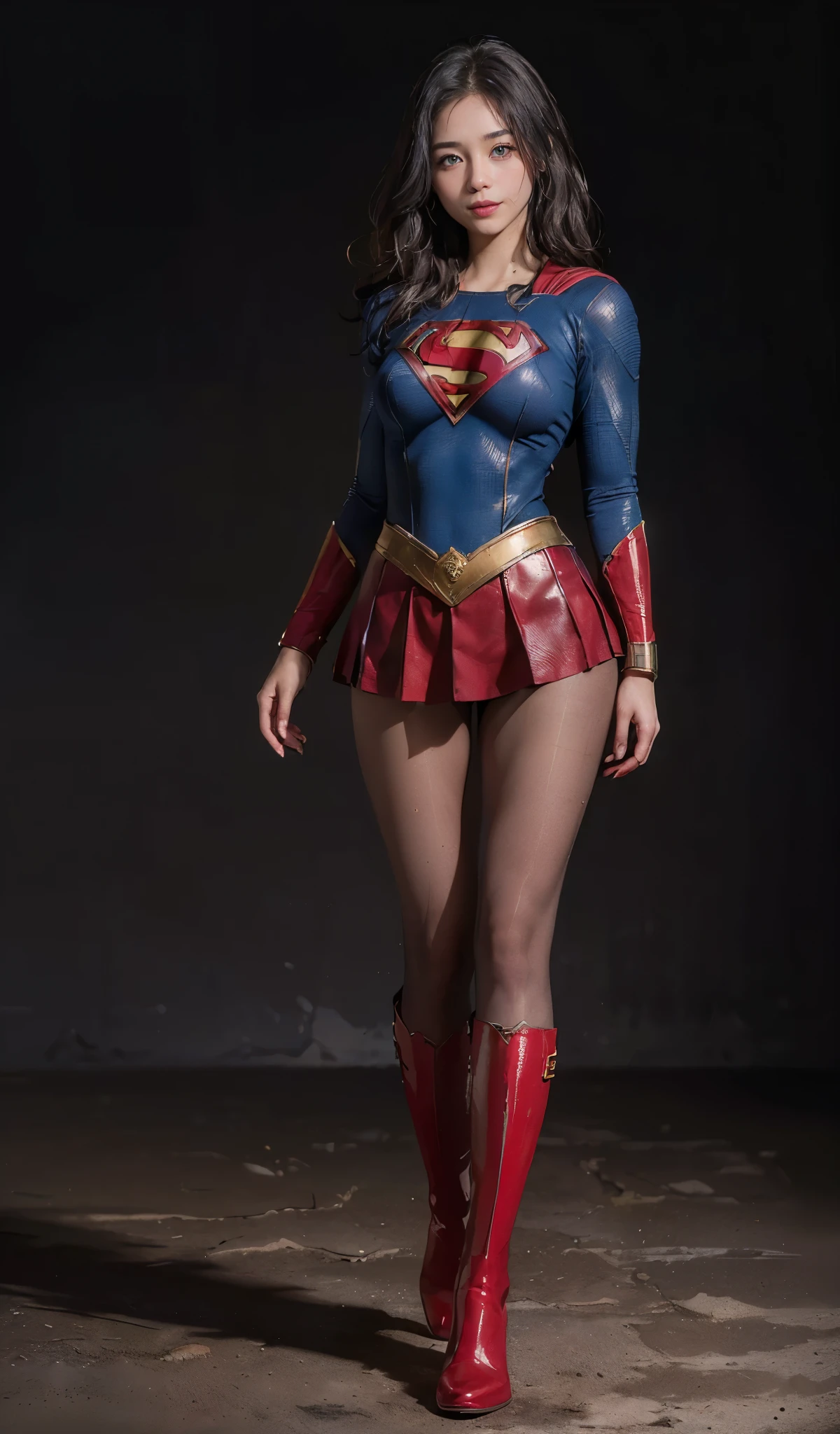 No background、Are sleeping、lying back on、(((Wear black tights on your beautiful legs.)))、(((Grow legs、tall、Legally express the beauty of your smile)))、((((Make the most of the original image)))、(((Supergirl Costume)))、(((beautiful hairl)))、(((Suffering)))、(((Feet must necessarily be worn with black tights)))、(((You need to wear red boots)))、((Top image quality、8K))、((top-quality、8K、​masterpiece:1.3))、(((Keep Background )))、Crisp focus:1.2、Beautiful woman with perfect body shape:1.4、Slender Abs:1.2、a wet body:1.5、Highly detailed facial and skin texture、8K