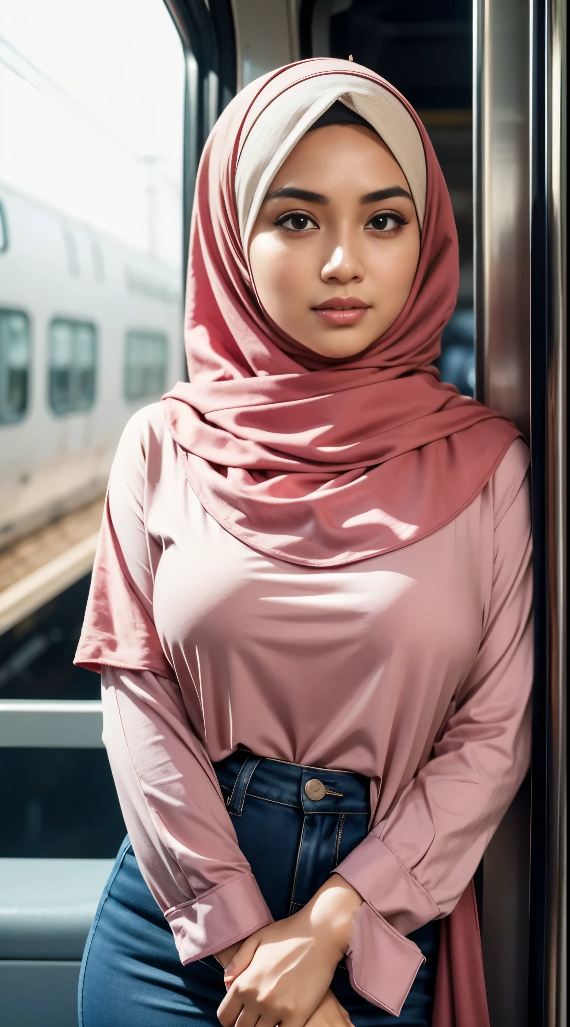 matured malay women wearing hijab, pastel color hijab, floral pastel pink color loose-fitting full-length dress baju kurung walking in college, nighttime, wear backpack, front view,, small tits, small breast, flat chest, wide waist, thick thighs, bright lighting, white lighting, detail skin texture, mole below eyes, college student in background, crowded college, blur background, bokeh,