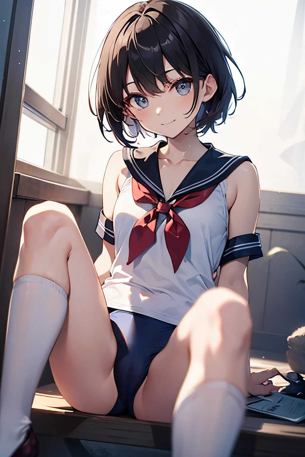 hiquality、top-quality、Full limbs、The ultra -The high-definition、Sparkling eyes、complete fingers、Slender beauty、Bery short hair、ssmile、Wearing a shiny sailor school swimsuit、shinny skin、Black knee high、Dramatic Writing