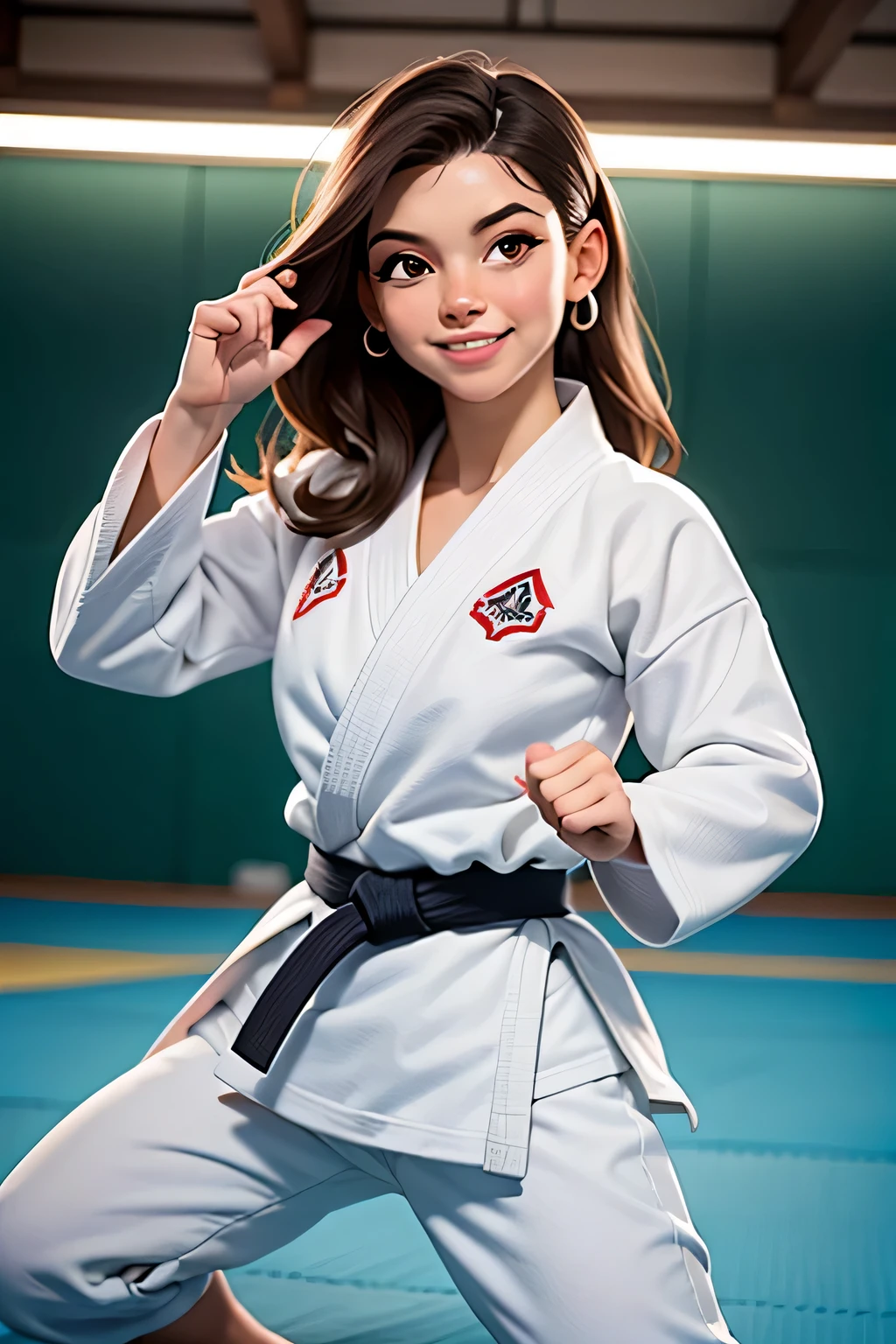 a girl, Beautiful, cabelos pretos longos, olhos perfeitos, sorriso perfeito, judogi branco pele clara, white judogi without insignia, on a judo mat, em um dojo