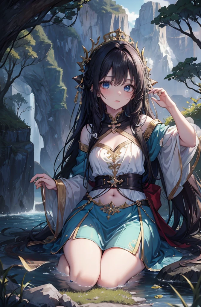 Long hair, busty beauty, fairy, cyberwind, mountain and river background