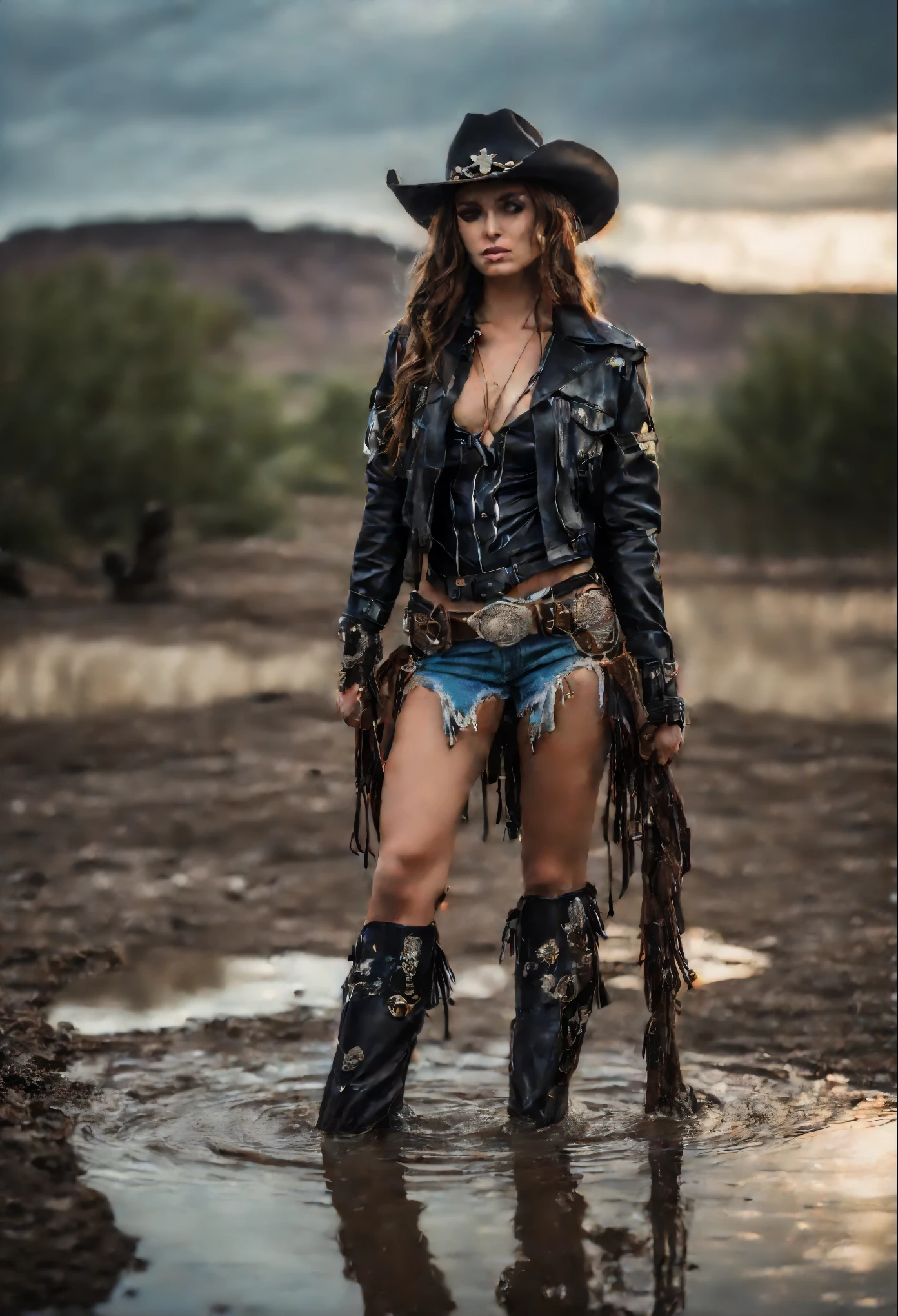 extravagant cowgirl girl standing in a puddle of water, American themed outfit, scene of terminator