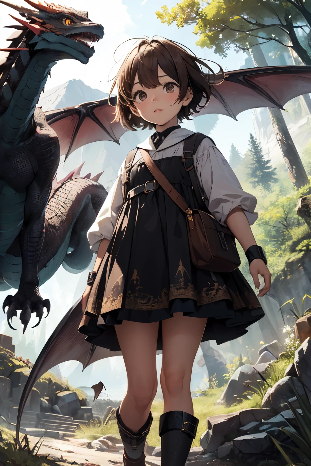 Sofia, outdoors, in the forest, sofia short hair, detailed eyes, brown eyes, brown hair, girl dress, Sofia climbing the Mountain of Challenges, with Draco, the dragon, majestic in the background