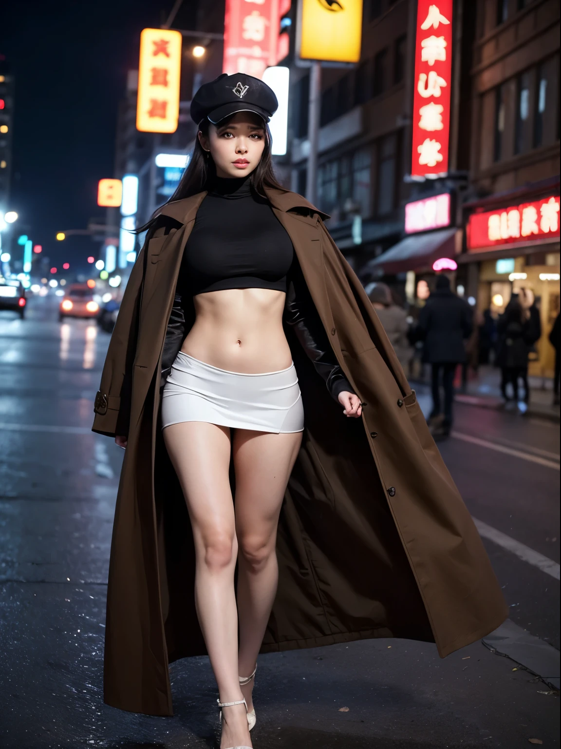 (8k、RAW Photos、top-quality、​masterpiece:1.2)、(realisitic、Photorealsitic:1.37)、女の子1人、japanes、25-years old、femele、night cityscape、Street at night、blurry backround、(realperson、a picture)、High-key lighting、natural soft light、face lights、photon maping、Radio City、(full bodyesbian)、(fullnude)、Dark brown hair、Detailed lips、detailedeyes、More skin、(huge tit:1.3)、(Leather coat)、(open coat)、(Wear a coat)、(((no brassiere)))、(((no panty)))、a choker、long boots、Exposed cleavage、exposed shoulder、Thigh exposure、(cammel toe)、(Dark pubic hair:1.5)、perfectbody、shinny skin、((to stand))、Model Pose、cowboy  shot、Make eye contact with the camera