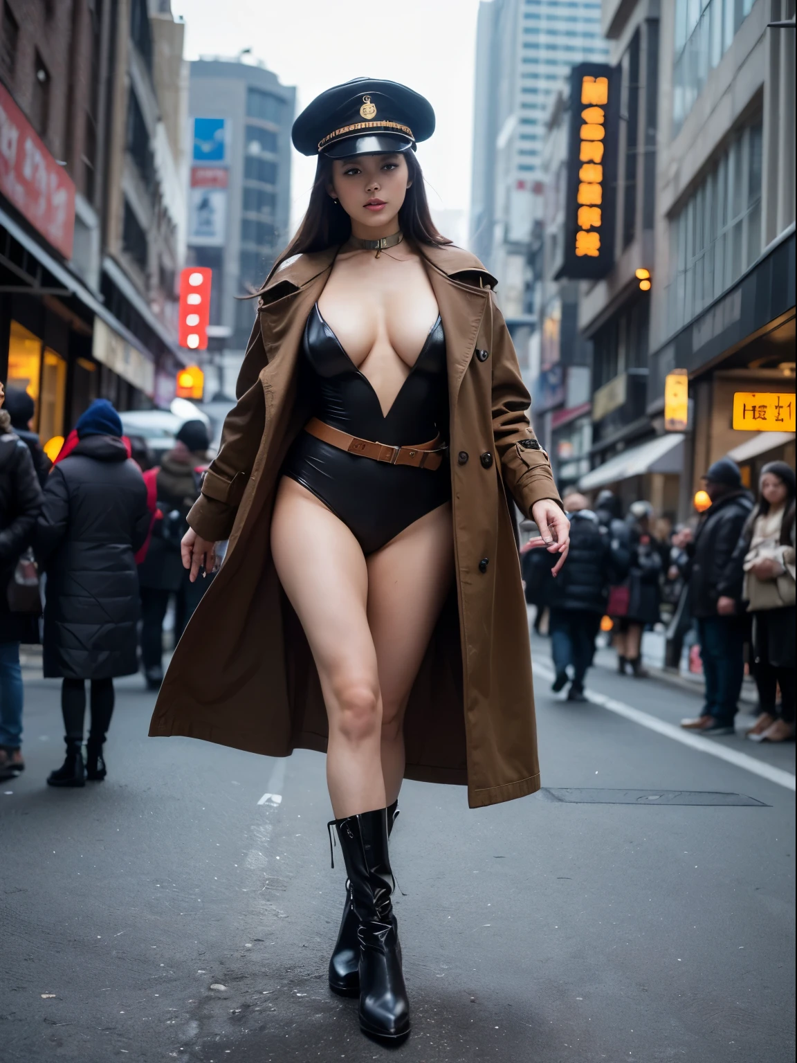 (8K、RAWphotore、quality、tmasterpiece:1.2)、(actual、真实感:1.37)、1 girl in、、25 age old、femele、city night scene、Streets at night、The background is blurred、(True humans、photore)、high key lighting、Natural soft light、face lamp、フォトンマッピング、Radio City、()、dark brown  hair、Detailed faces、detailed lips、Delicate eye skin、(Colossal ????:1.3)、(wind coat)、(convertible coat)、(Wear a coat)、(((cap)))、(((cap)))、High heels and shoulders、Thighs exposed、(Camel toes)、(dark colour:1.5)、perfect body figure、Glowing and radiant skin、((The stands up))、model poses、cow boy shootinake eye contact with the camera