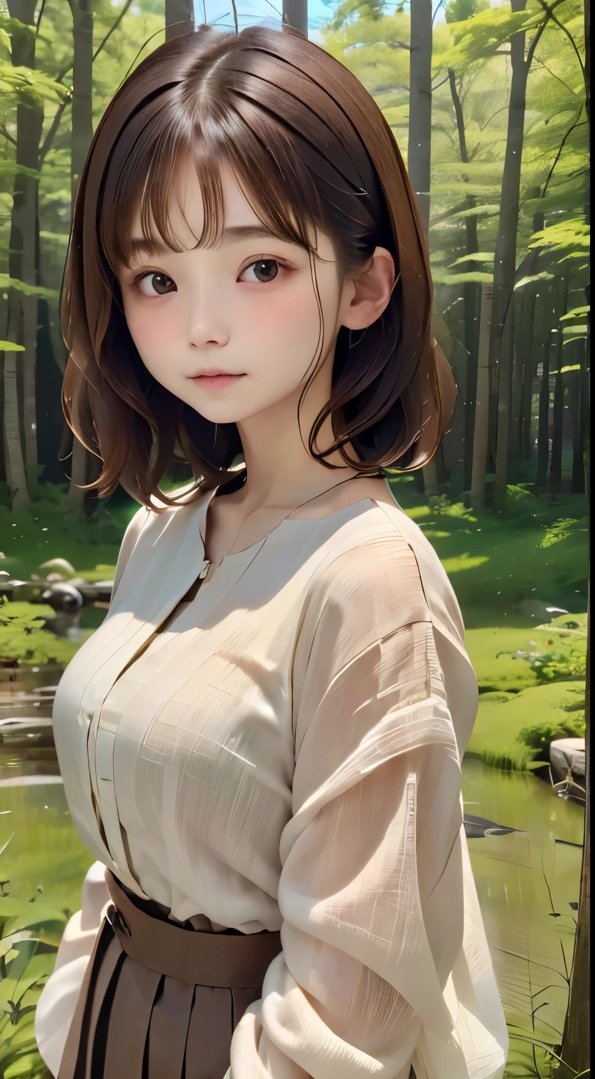 ((masterpiece, best quality, ultra-detailed, high resolution, extremely detailed CG, super detailed, Most beautiful clean lighting)), 1girl, small girl, under 12, cute girl, pretty face, smile, white skin, Beautiful black hair, hair cut in a row, bob cut, straight hair, black eyes, kawaii, slender, small build, kawaii, little body, divine garment, fantastic landscape, ultimate beauty