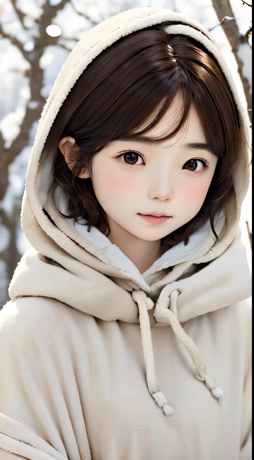 Winters、rhyme、Yuki、kou、Frozen World、a white world、One lady、33yo、Bewitching good looks、eroticism、parfect anatomy、Correct human body、Brown hair、Layered Haircut、short wavy hair、Woman with cute face、Perfect good looks、Natural color poncho style hoodie、Wearing a hood、Silence、white walls、rhyme、a white world、Simplified background、natural soft light、raw、Photorealsitic、top-quality、Real Stick、hiquality、high-level image quality、Random Poses