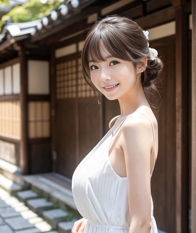 (high-level image quality、ultra-detailliert、Pursuing a sense of realism、Raw photo)、A woman in her 30s wearing a white dress、Kyoto Beauty、A detailed eye、detailed tits、detailed full body、wavy layered cut、Smiling smile、Turn around、Beautiful back