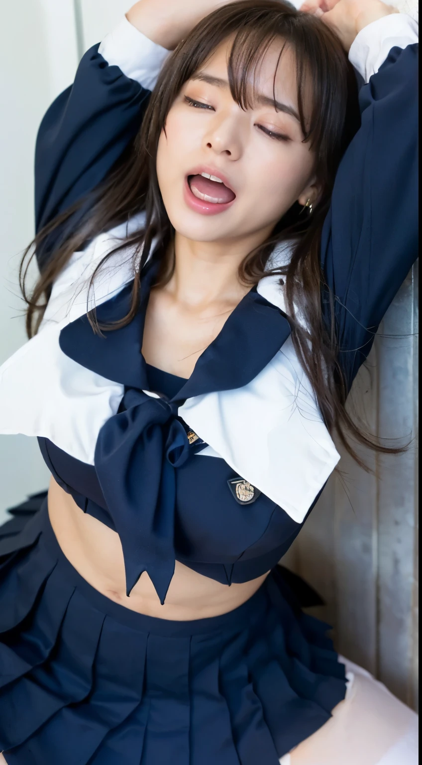 She wears the cutest high school uniform in the world、25-years old、Sculpture model attracts, (1girl in:1.Hotos、Photorealsitic:1.4、Official art、ultra-detailliert、Beautiful and aesthetic、Beautiful fece、​masterpiece、top-quality、Poses that sexually provoke men、Inviting eyes、an ecstatic look on one's face、the buttocks are small、Colossal tits、Chest exposed、(barechested)、The cutest blazer in the world、the cutest blouse in the world、The cutest red ribbon in the world、The most beautiful face、The cutest earrings in the world、The cutest checked miniskirt in the world、The cutest navy knee socks in the world、The cutest black loafers in the world、The cutest sleeping face in the world、The cutest gravure idol pose in the world、The most attractive body in the world、The whole body is shown、school classrooms、opening legs widely、Touching the thigh、Showing off the cutest pants in the world、((doggy style、Raise your buttocks high、insertion、Deep joy、severe pain、Ecstatic eyes:1.2）,(view from the above:1.5）, despairing, I'm about to cry, exclamation、((panting heavily:1.2))、Ecstatic face、Climax expression、Look up、Staring at the ceiling、((Open your eyes, endure hard:1.5)), （looking at viewer：1.1）