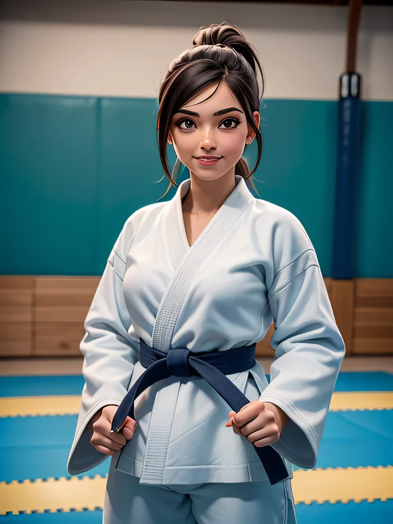 A perfect art of a German girl, Beautiful, longos cabelos loiros, olhos perfeitos, sorriso perfeito, judogi azul, in a judogi azul in a judo gym, pele clara, judogi azul without insignia, on a judo mat, em um dojo olhando para frente, cabelos pretos, incredible details, sombras perfeitas, olhos perfeitos, perfect hands and fingers.