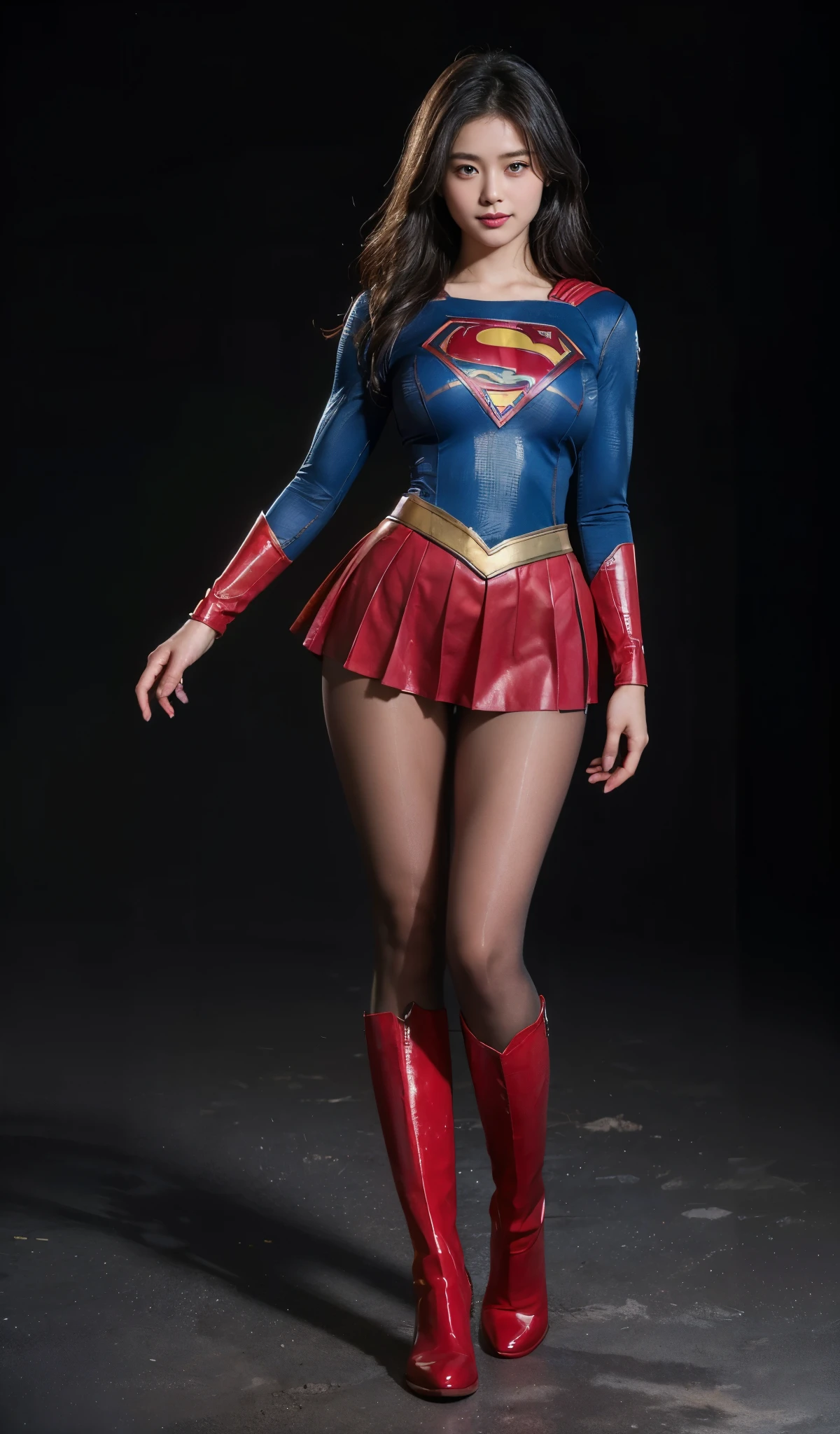 No background、Are sleeping、lying back on、(((Wear black tights on your beautiful legs.)))、(((Grow legs、tall、Legally express the beauty of your smile)))、((((Make the most of the original image)))、(((Supergirl Costume)))、(((beautiful hairl)))、(((Suffering)))、(((Feet must necessarily be worn with black tights)))、(((You need to wear red boots)))、((Top image quality、8K))、((top-quality、8K、​masterpiece:1.3))、(((Keep Background )))、Crisp focus:1.2、Beautiful woman with perfect body shape:1.4、Slender Abs:1.2、a wet body:1.5、Highly detailed facial and skin texture、8K