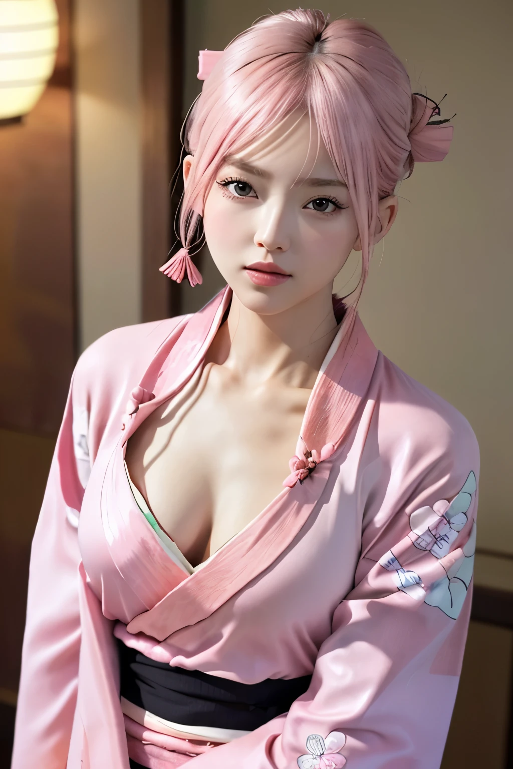 (8K, top-quality, masterpiece:1,2), (reallistic, Photorealsitic:1.37), Super Detail, One girl,), (Highly detailed), (beautifully detailed eyes), (of the highest quality), (super detailed ), (masterpiece), (Detailed face),20yr old, ,1 girl, full body, pink hair,Very short hair, medium breasts, clothed, Perfect Lighting, pussy and breast focus, looking at viewer, aroused face, naughty face, (kimono(pink kimono:1.3),simple black obi:1.3), white tabi