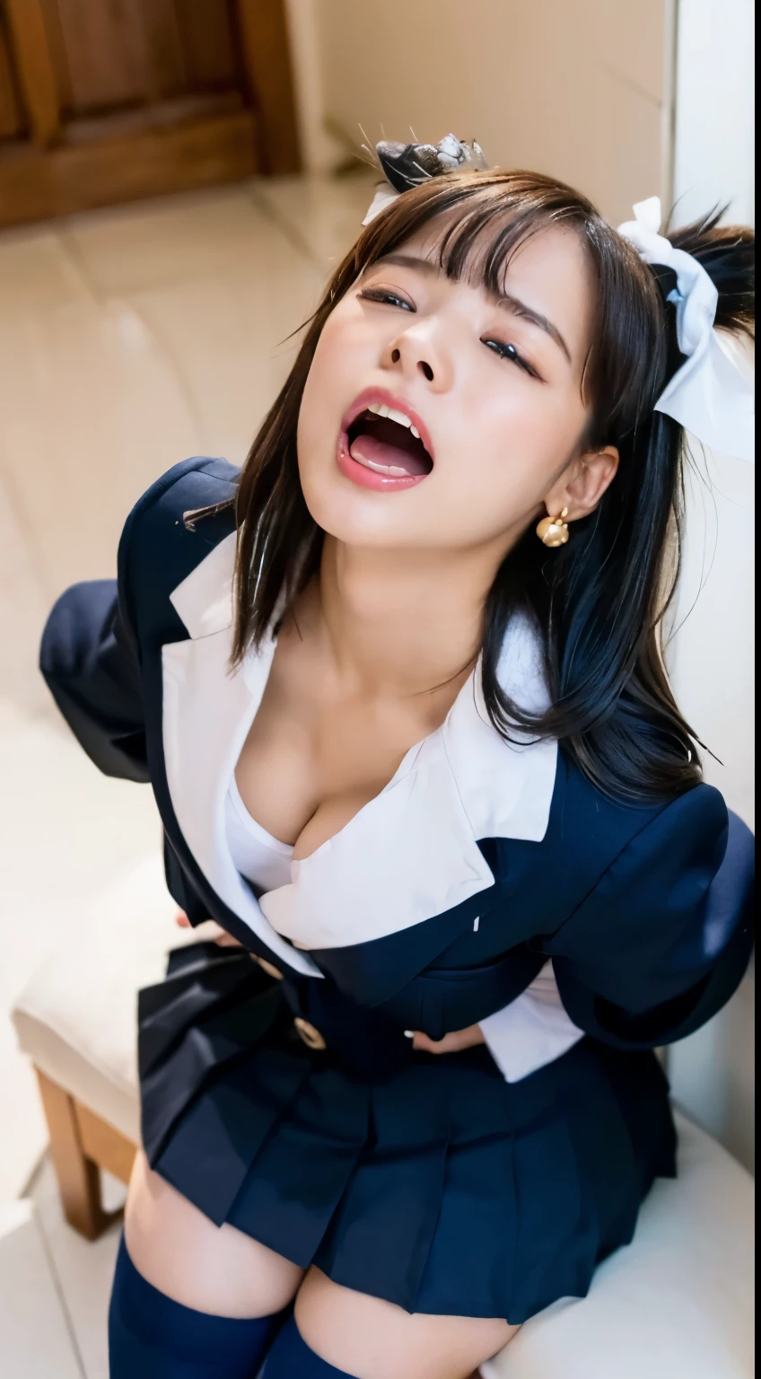 She wears the cutest high school uniform in the world、25-years old、Sculpture model attracts, (1girl in:1.Hotos、Photorealsitic:1.4、Official art、ultra-detailliert、Beautiful and aesthetic、Beautiful fece、​masterpiece、top-quality、Poses that sexually provoke men、Inviting eyes、an ecstatic look on one's face、the buttocks are small、Colossal tits、Chest exposed、(barechested)、The cutest blazer in the world、the cutest blouse in the world、The cutest red ribbon in the world、The most beautiful face、The cutest earrings in the world、The cutest checked miniskirt in the world、The cutest navy knee socks in the world、The cutest black loafers in the world、The cutest sleeping face in the world、The cutest gravure idol pose in the world、The most attractive body in the world、The whole body is shown、school classrooms、opening legs widely、Touching the thigh、Showing off the cutest pants in the world、((doggy style、Raise your buttocks high、insertion、Deep joy、severe pain、Ecstatic eyes:1.2）,(view from the above:1.5）, despairing, I'm about to cry, exclamation、((panting heavily:1.2))、Ecstatic face、Climax expression、Look up、Staring at the ceiling、((Open your eyes, endure hard:1.5)), （looking at viewer：1.1）