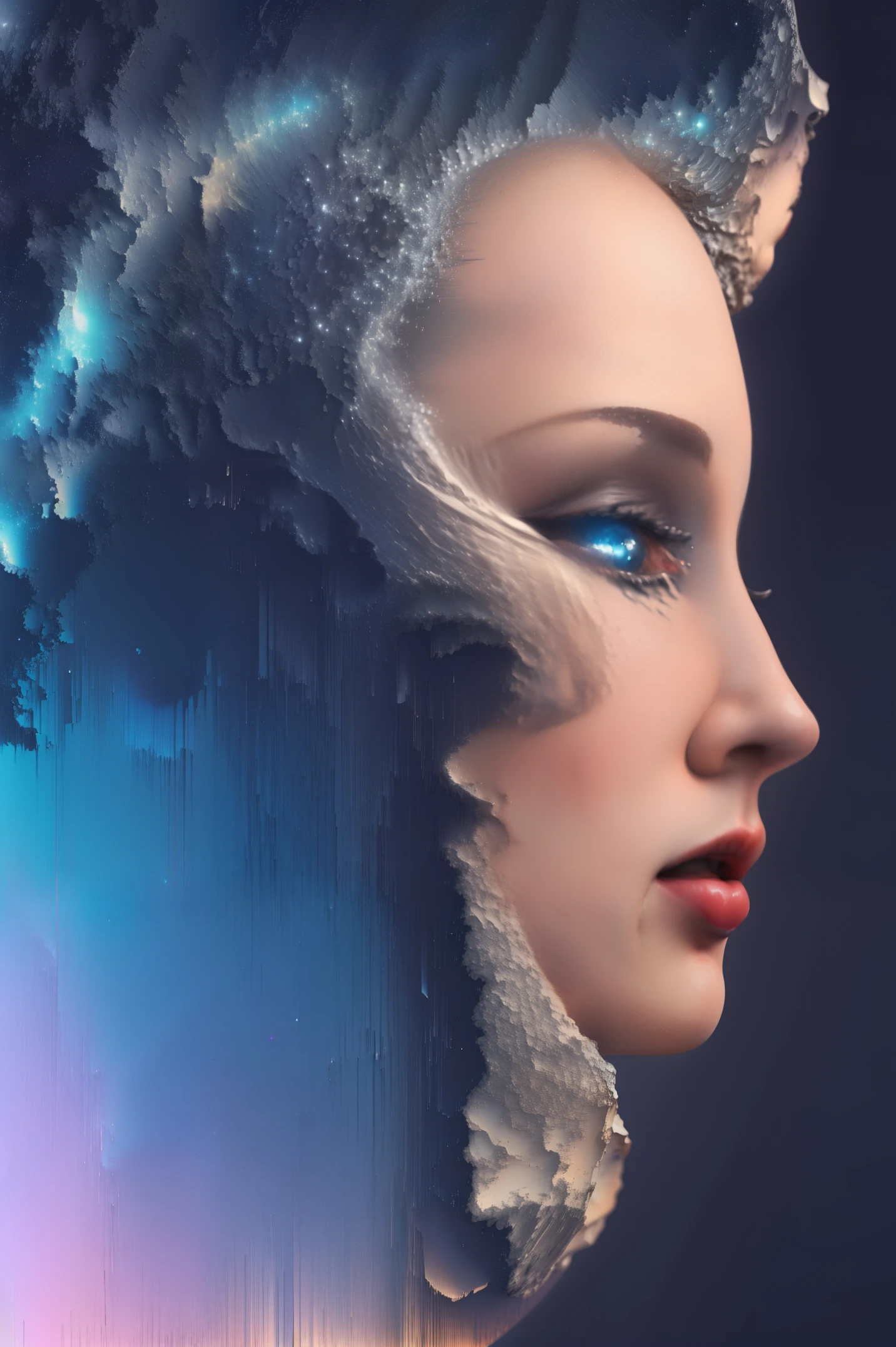 pixel sorting, very pretty girl emerged in eternal tera stream of everlasting data flowing through infinite light dispersion loop in the world of chaotic undulation optical illusions, celestial outerworld, lut, hdr, dramatic light, digital art, redshift render, raytraced image, behance hd