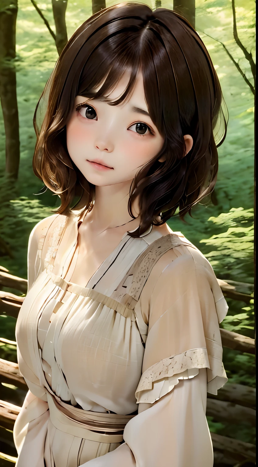 (cute girls exist)、Blouse、Layered Haircut、Wave shortcuts、Natural look、the woods、shorth hair、top-quality、ultra-detailliert、、masuter piece:1.3、8k