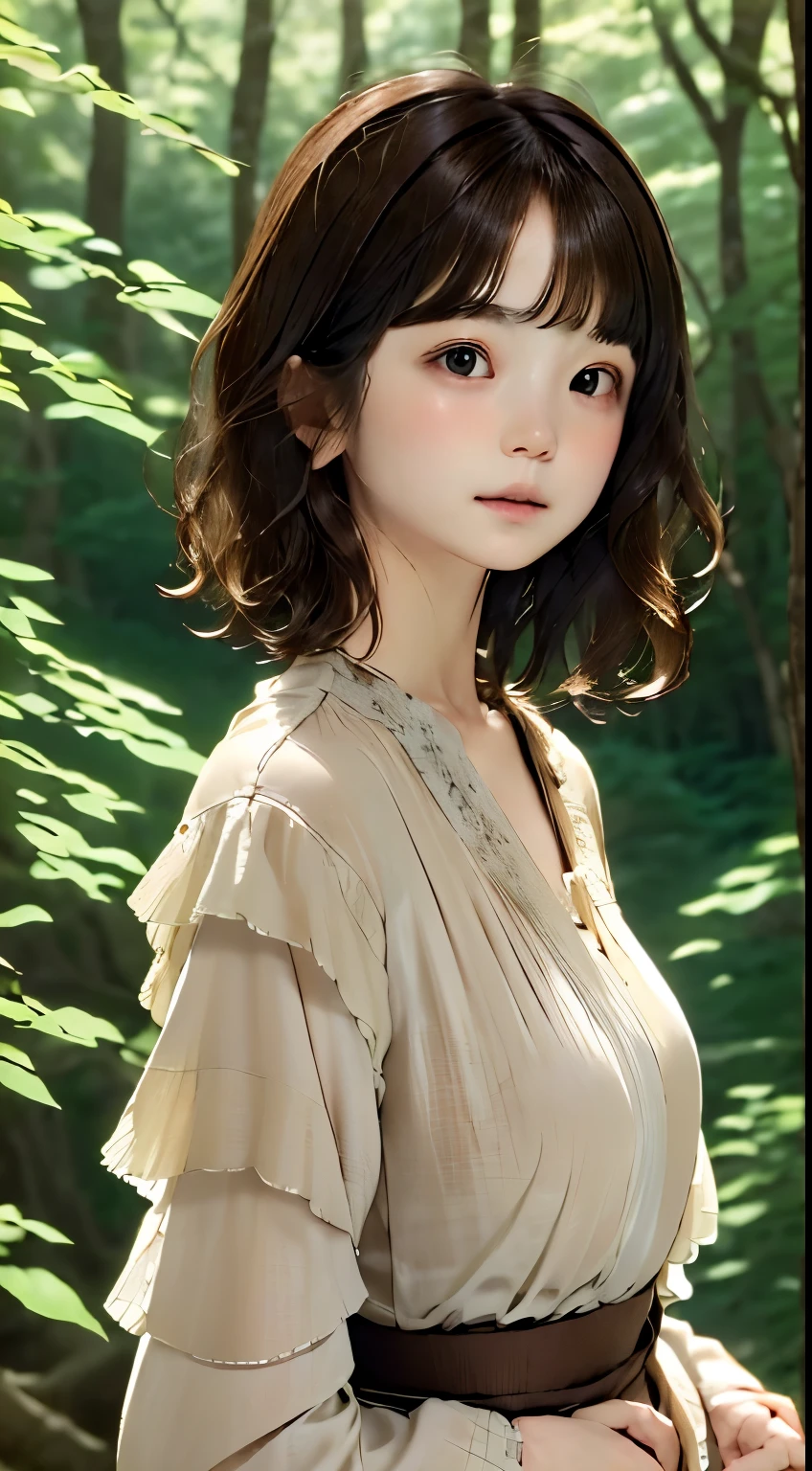 RAW、(cute girls exist)、Blouse、Layered Haircut、Wave shortcuts、Natural look、the woods、shorth hair、top-quality、ultra-detailliert、、masuter piece:1.3、８ｋ