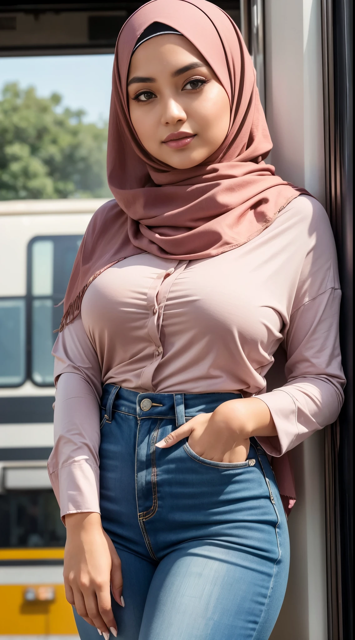 ( Close Up),RAW, Best quality, high resolution, masterpiece: 1.3), beautiful Malay woman in hijab,Masterpiece, perfect fit body, (big breast),big gorgeous eyes, Soft smile,thick thighs, beutifull face,woman in hijab standing in front of a train, white hijab, casual pose, riyahd cassiem, headshot profile picture, wearing casual clothing, inspired by Nazmi Ziya Güran, wearing a blouse, wearing casual clothes, casually dressed, malay, beautiful female, hijab, taken in the early 2020s Excellent lighting, Bright colors, Clean lines