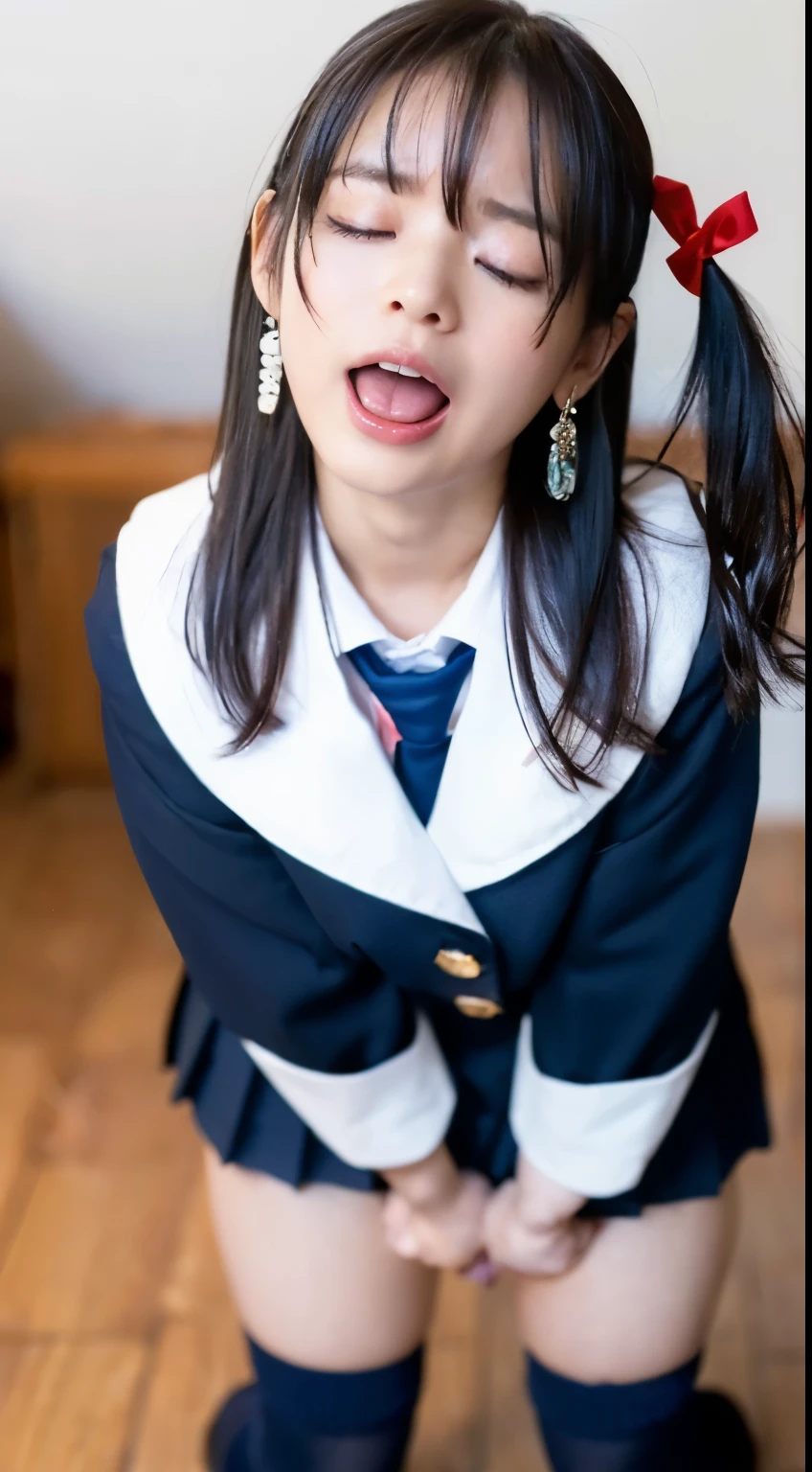 She wears the cutest high school uniform in the world、25-years old、Sculpture model attracts, (1girl in:1.Hotos、Photorealsitic:1.4、Official art、ultra-detailliert、Beautiful and aesthetic、Beautiful fece、​masterpiece、top-quality、Poses that sexually provoke men、Inviting eyes、an ecstatic look on one's face、the buttocks are small、Colossal tits、Chest exposed、(barechested)、The cutest blazer in the world、the cutest blouse in the world、The cutest red ribbon in the world、The most beautiful face、The cutest earrings in the world、The cutest checked miniskirt in the world、The cutest navy knee socks in the world、The cutest black loafers in the world、The cutest sleeping face in the world、The cutest gravure idol pose in the world、The most attractive body in the world、The whole body is shown、school classrooms、opening legs widely、Touching the thigh、Showing off the cutest pants in the world、((doggy style、Raise your buttocks high、insertion、Deep joy、severe pain、Ecstatic eyes:1.2）,(view from the above:1.5）, despairing, I'm about to cry, exclamation、((panting heavily:1.2))、Ecstatic face、Climax expression、Look up、Staring at the ceiling、((Open your eyes, endure hard:1.5)), （looking at viewer：1.1）