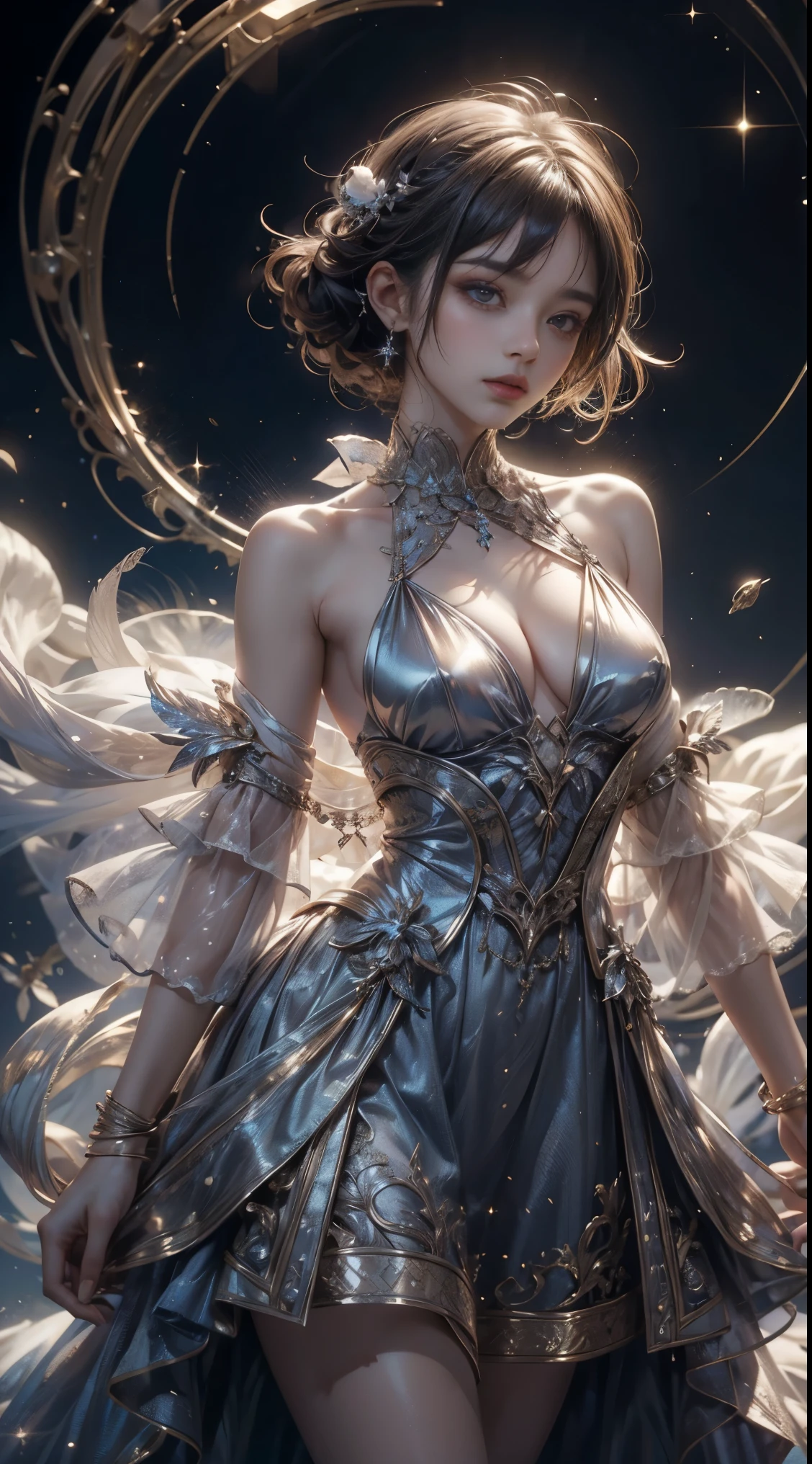 diva, fantasma, surreal, cabelos branco-azuis, dreamscape, orquestrando, sinfonia do sono, twilight dress, flutuando entre sonhos, noite profunda, subconscious lullaby, dream orchestration scene,Neck strap,unidade, Uma mulher no universo, floating woman in space, deusa, mulher poderosa, mulher de vestido, luzes cintilante ao redor da mulher, luzes cintilante ao redor da mulher, mulher de vestido, mulher se armadura, cabelos de cores, armadura, mulher de armadura, cabelos de cores diferentes