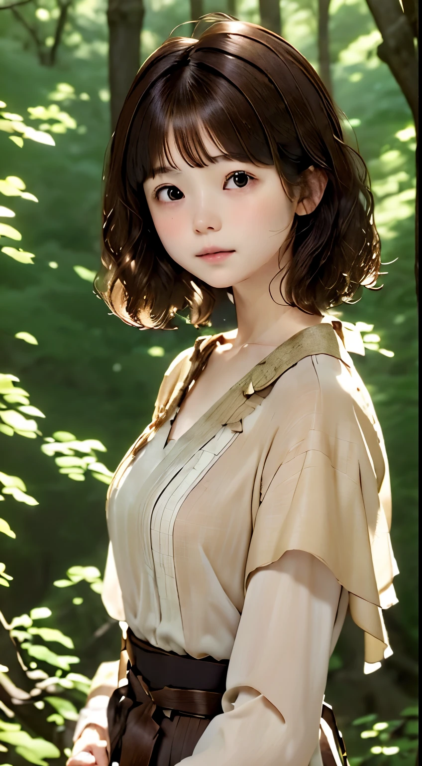 RAW、Real Stick、Live-action adaptation、cute girls exist、Blouse、Layered Haircut、Wave shortcuts、Natural look、the woods、shorth hair、top-quality、ultra-detailliert、、masuter piece:1.3、8k