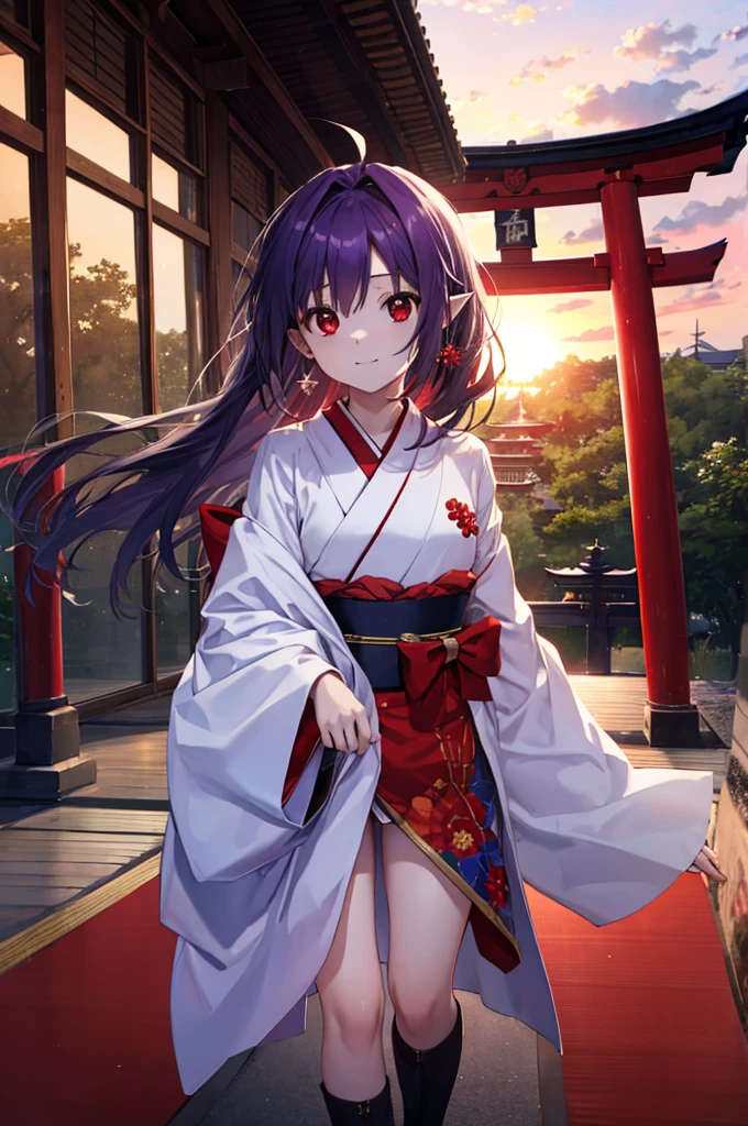 Yuki Konno, Yuki Konno, shairband, Long hair, pointy ear, Purple hair, (Red Eyes:1.5), (Small breasts:1.2), Ahoge，Purple kimono，White mini skirt，knee high socks，Short boots，Happy atmosphere，both hands on hip，closes mouth，I'm smiling，In front of the torii gate，shrines，Sunrise，The sun begins to rise，Upper body, Full body,
BREAK outdoors, 
BREAK (masutepiece:1.2), Best Quality, High resolution, Unity 8k壁纸, (Illustration:0.8), (Beautiful detailed eyes:1.6), extra detailed face, Perfect Lighting, extremely details CG, (Perfect hands, Perfect Anatomy),
