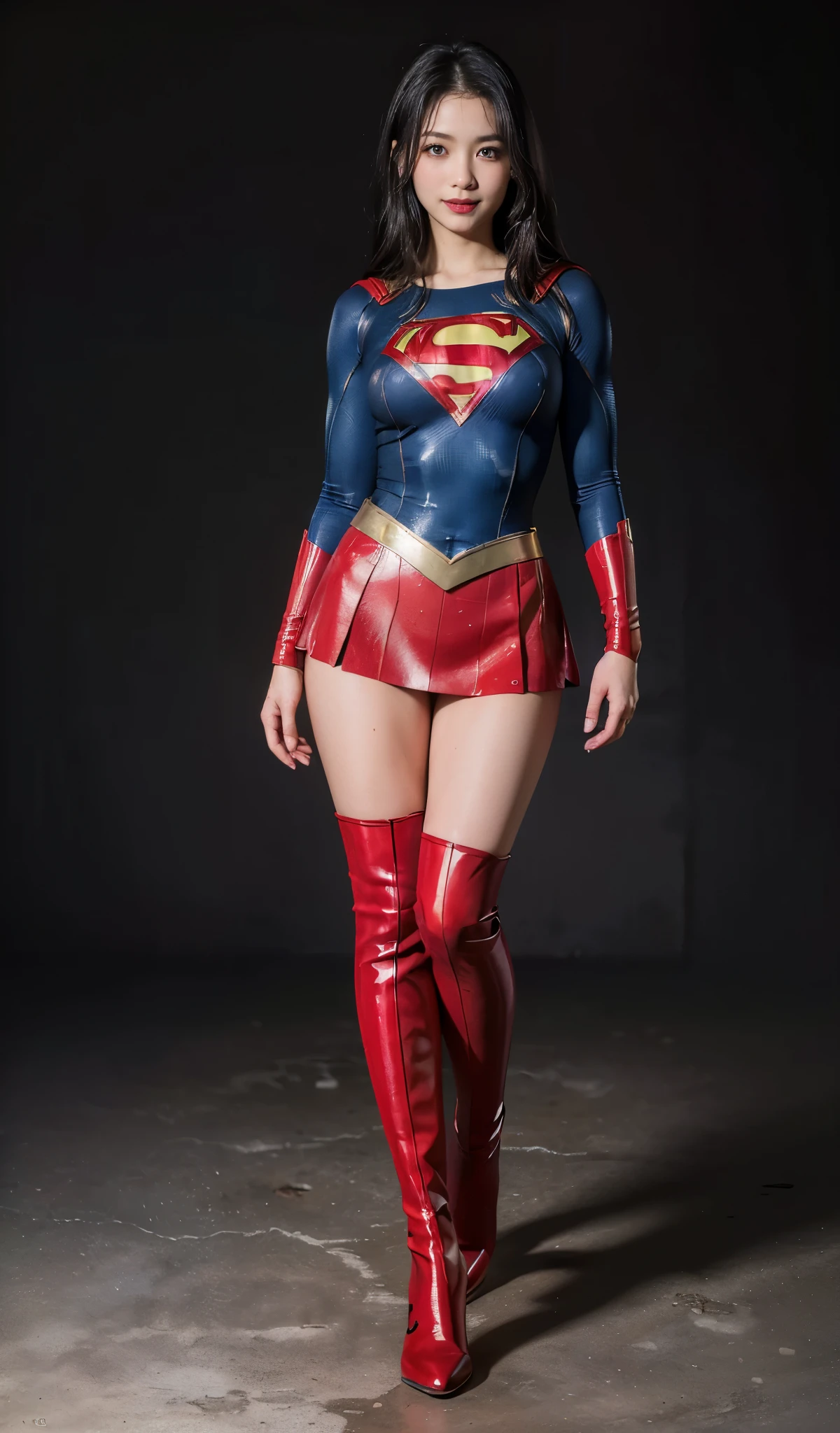 No background、Are sleeping、lying back on、(((Wear black tights on your beautiful legs.)))、(((Grow legs、tall、Legally express the beauty of your smile)))、((((Make the most of the original image)))、(((Supergirl Costume)))、(((beautiful hairl)))、(((Suffering)))、(((Feet must necessarily be worn with black tights)))、(((You need to wear red boots)))、((Top image quality、8K))、((top-quality、8K、​masterpiece:1.3))、(((Keep Background )))、Crisp focus:1.2、Beautiful woman with perfect body shape:1.4、Slender Abs:1.2、a wet body:1.5、Highly detailed facial and skin texture、8K