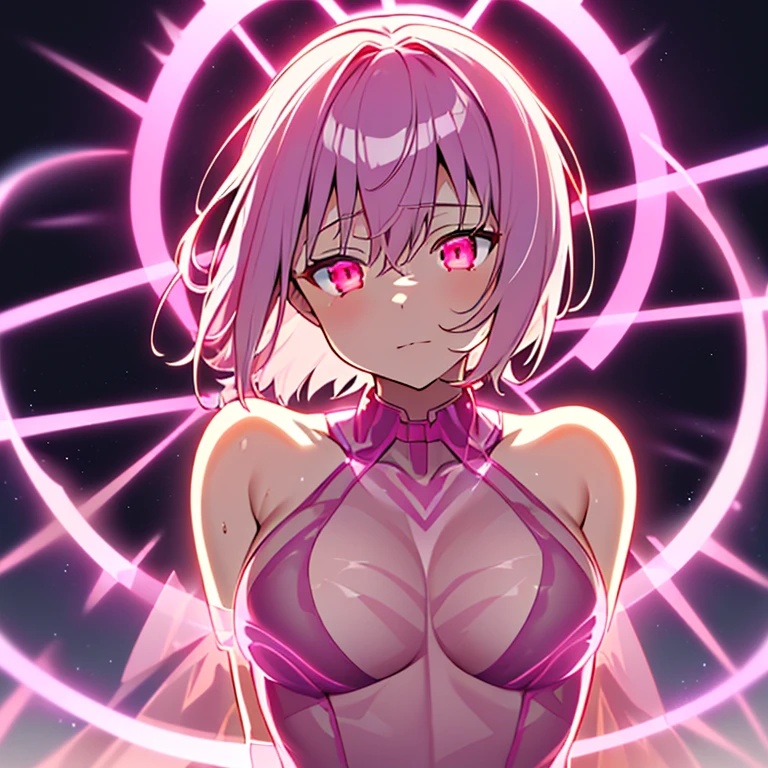 animestyle, closed_eyes, (glowing:1.7), sexy_pose, henshin_pose, akane shinjou, 1girl, solo, young woman, , short hair, crimson eyes, large_breasts, completely_nude, ((transparent pink see-through light bands wrapped around body, skindetation:1.3)), ((red leotard, bare_shoulders:1.3)),