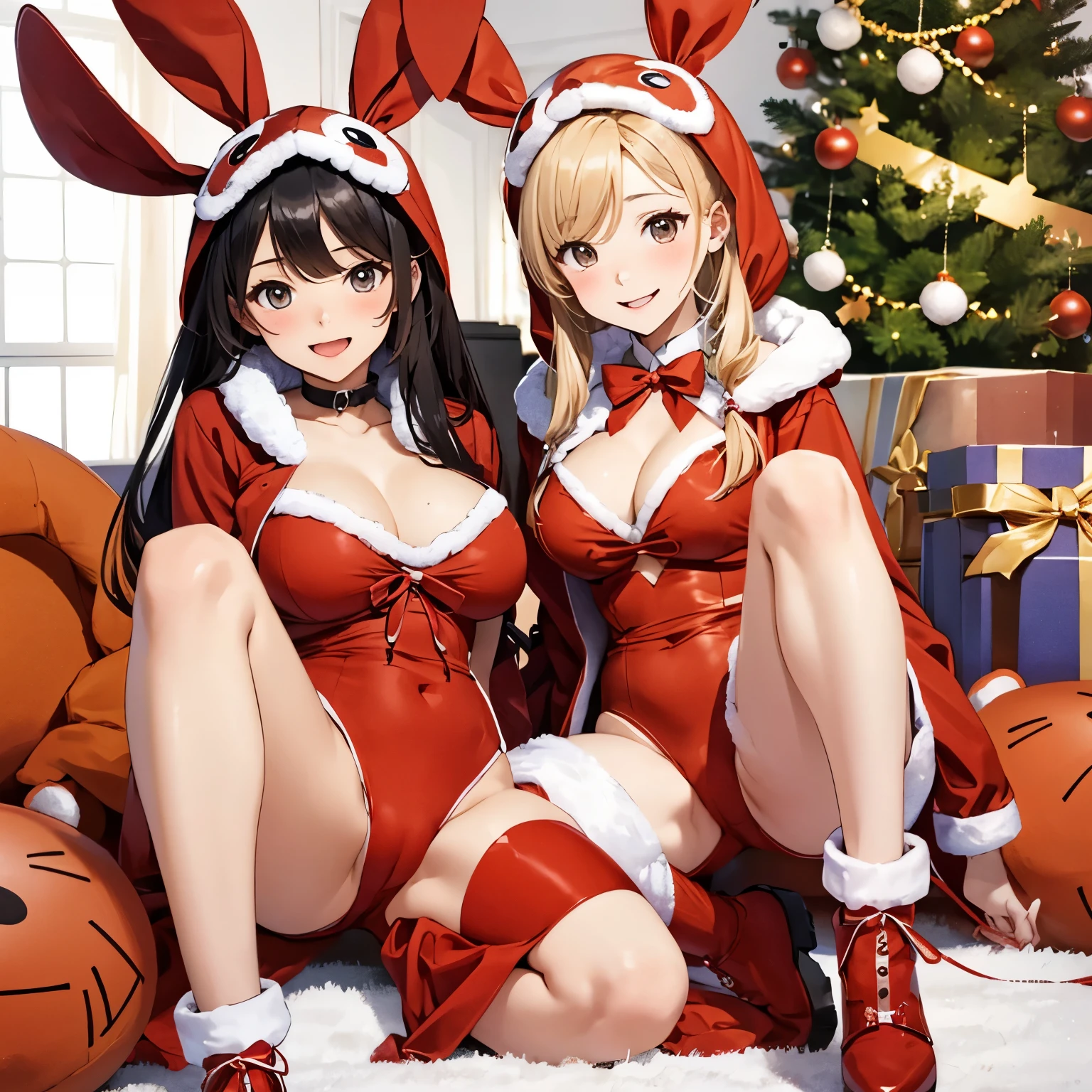 tmasterpiece, quality, 16k UHD,
sitted,
Christmas decorated room, 2 girls, multipel Girls, Alone, cute big breasts, Warm smile, Be red in the face, Embarrassing, Open legs, Camel toes, (red rabbit costume:1.4),