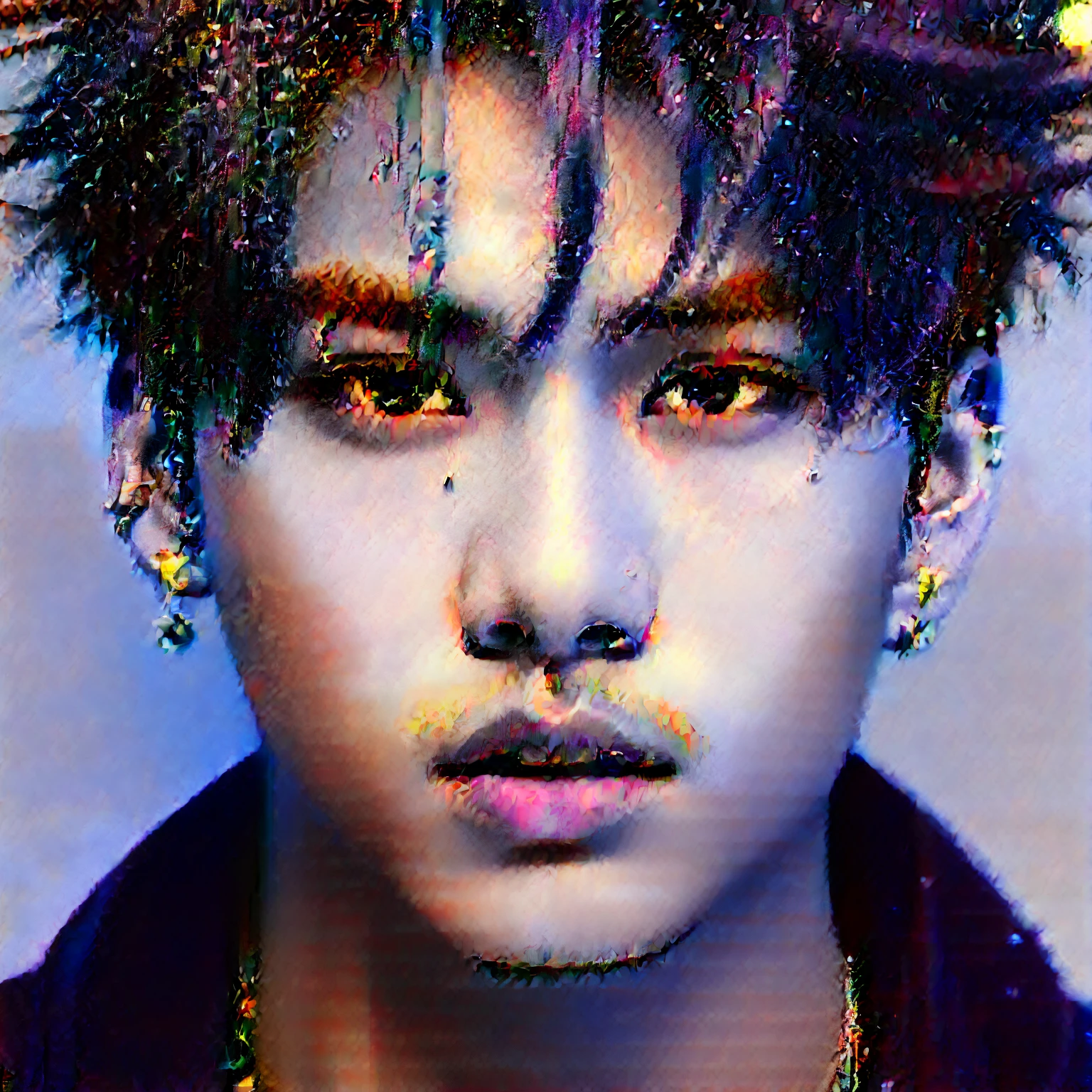 un primer plano de una persona con piercings en la nariz, ojos oscuros y penetrantes, handsome japanese demon boy, Ulzzang masculino, jungkook, 1 7 - childhin face age, penetrantes ojos brillantes, luz intrigante ojos penetrantes