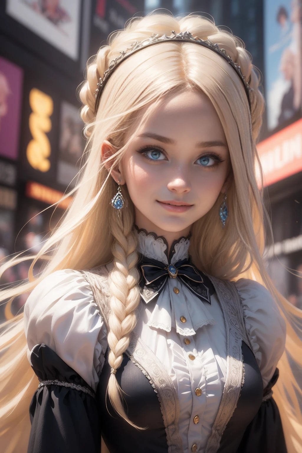 (Masterpiece - Ultra-Detailed, High Resolution) Prepare to be enchanted by a true masterpiece that combines ultra-detailed art with high-resolution rendering. This work shows a mesmerizing girl with long blonde hair (1.3) and captivating light blue eyes (1.2), emanating an aura of elegance and mystery. The intricate details and realistic textures invite you to explore every aspect of this enchanting composition. Girl wearing classic Victorian costumes. NYC (times square) illustration, with a mischievous smile. Get ready to dive into a world where beauty and craftsmanship merge perfectly.