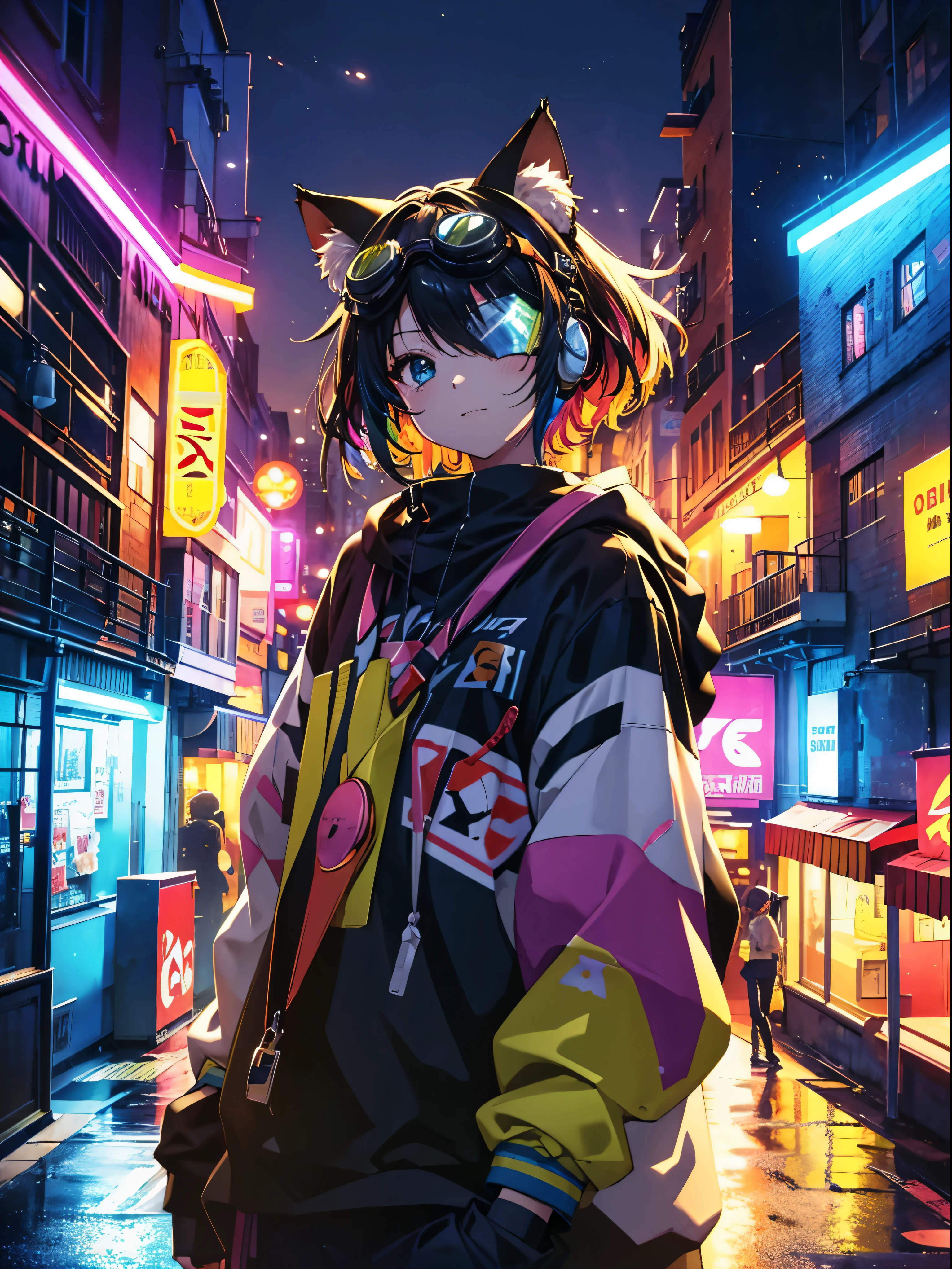 colourfull、Color、Cat's ears、emotional、glad、Blissful、Wear detailed goggles on your head、fine personal clothes、Complex city background、Dreams、rainbows、High definition 4K anime illustration、hiquality、8k wallpaper