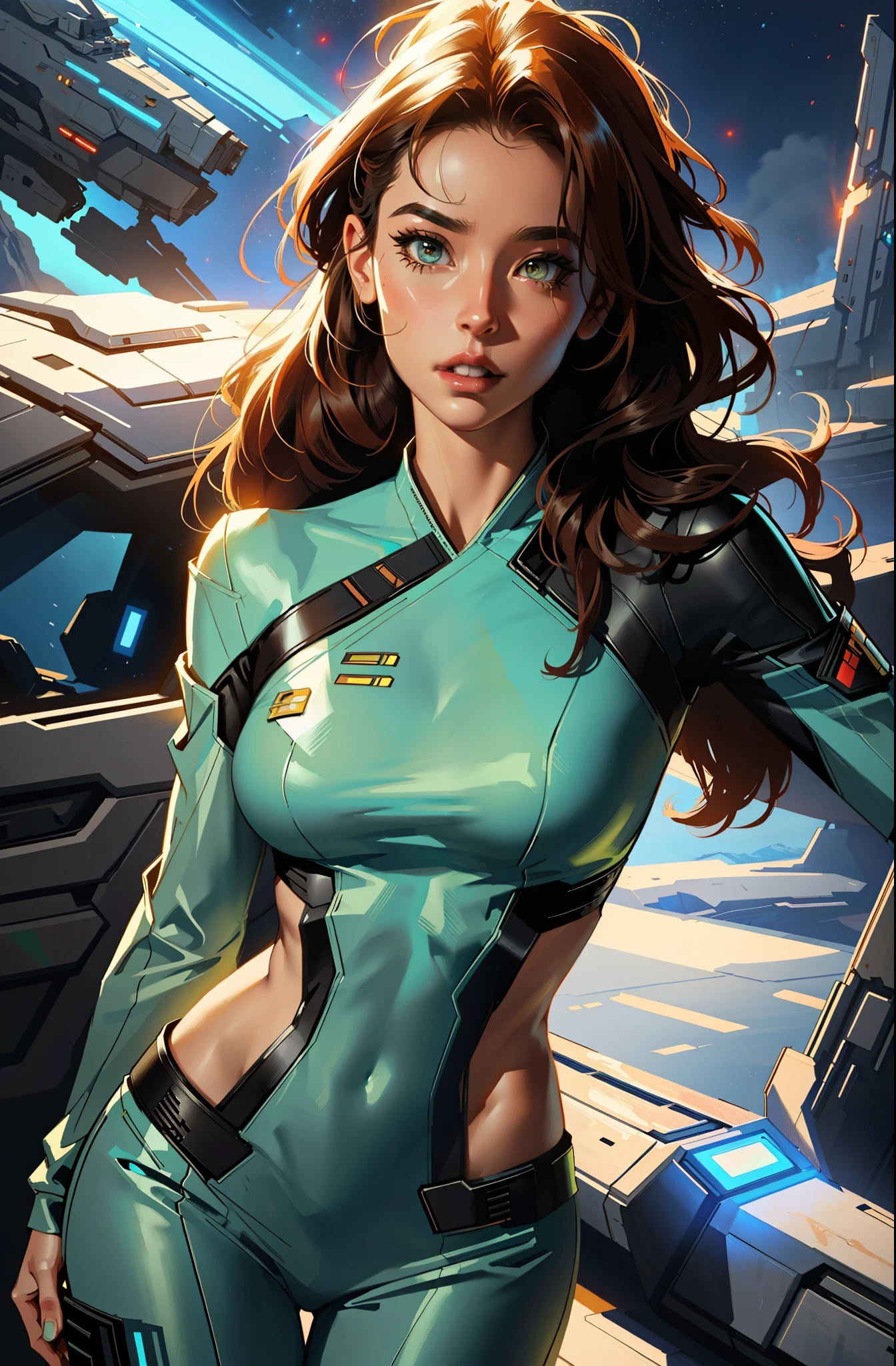 sexy woman in star wars costume posing in front of a spaceship, inspired by Marek Okon, alena aenami and artgerm, style of raymond swanland, wojtek fus, chris moore. artgerm, cutesexyrobutts, scifi woman, rossdraws digital painting, beautiful digital artwork, artgerm julie bell beeple