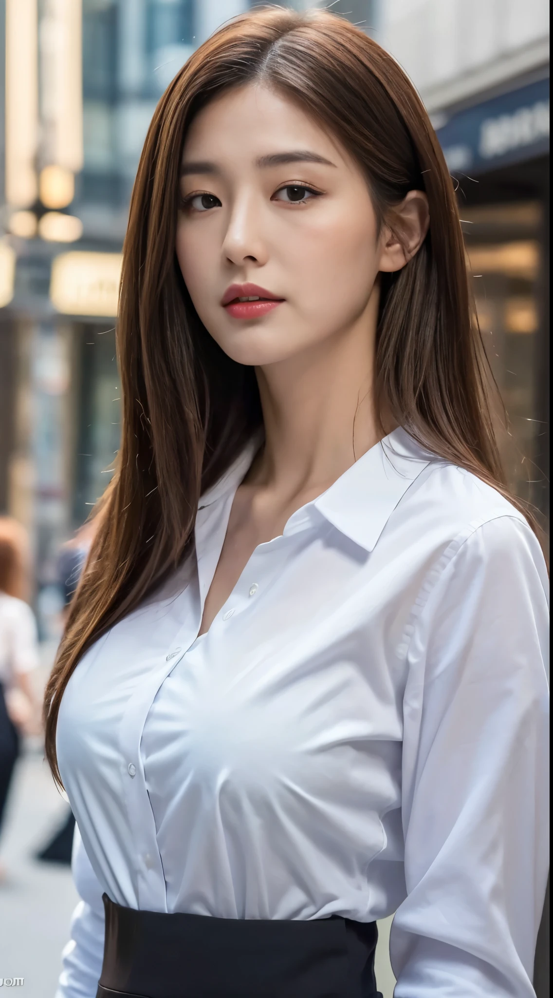 ((Best quality, 8k, Masterpiece :1.3)), Sharp focus :1.2, A pretty woman with perfect figure :1.4, Slender abs :1.2, ((Dark brown hair, Big breasts :1.2)), (White button up long shirt :1.1), City street:1.2, Highly detailed face and skin texture, Detailed eyes, Double eyelid